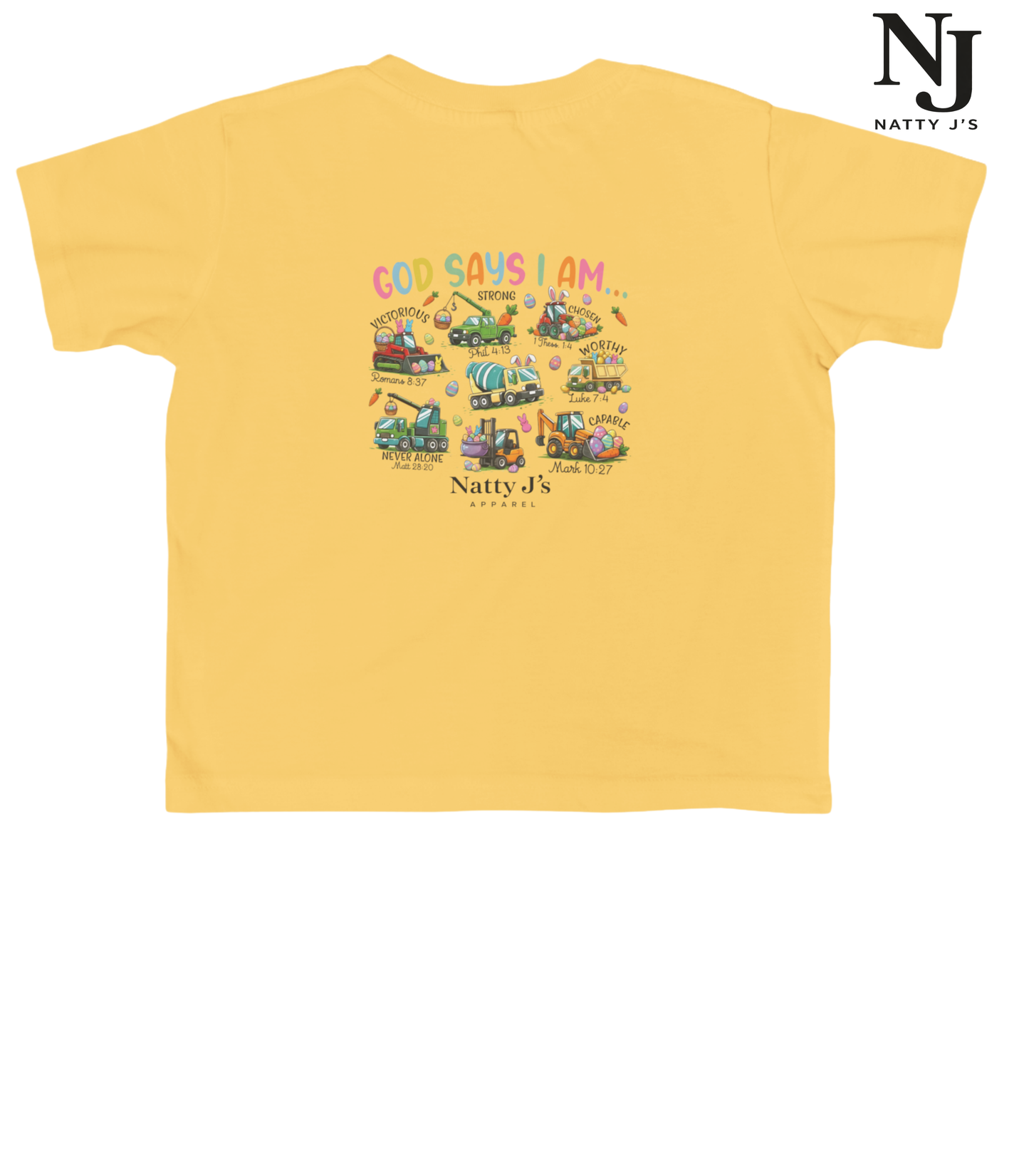Yellow t-shirt with colorful graphic design and 'Natty J's' branding on a white background