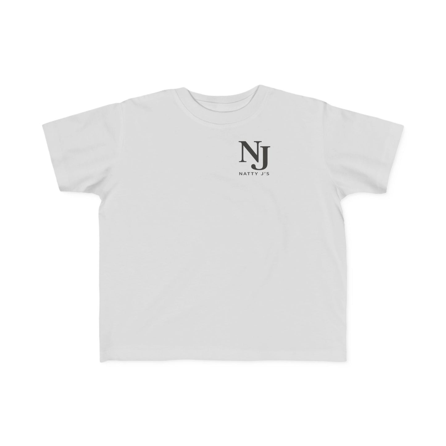 Silver t-shirt with black logo and text on a white background