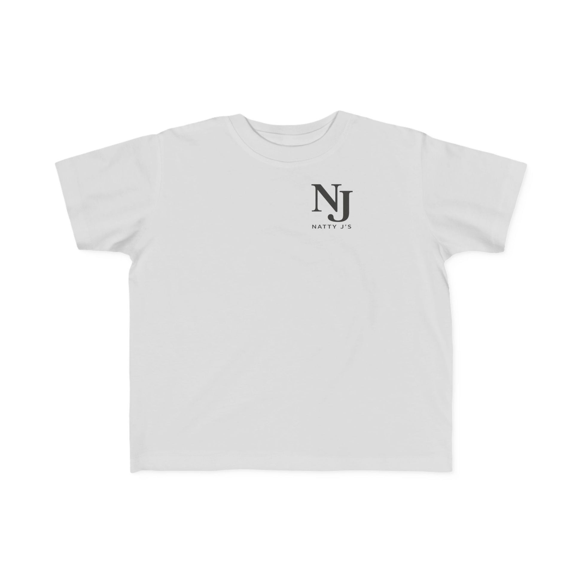Silver t-shirt with black logo and text on a white background