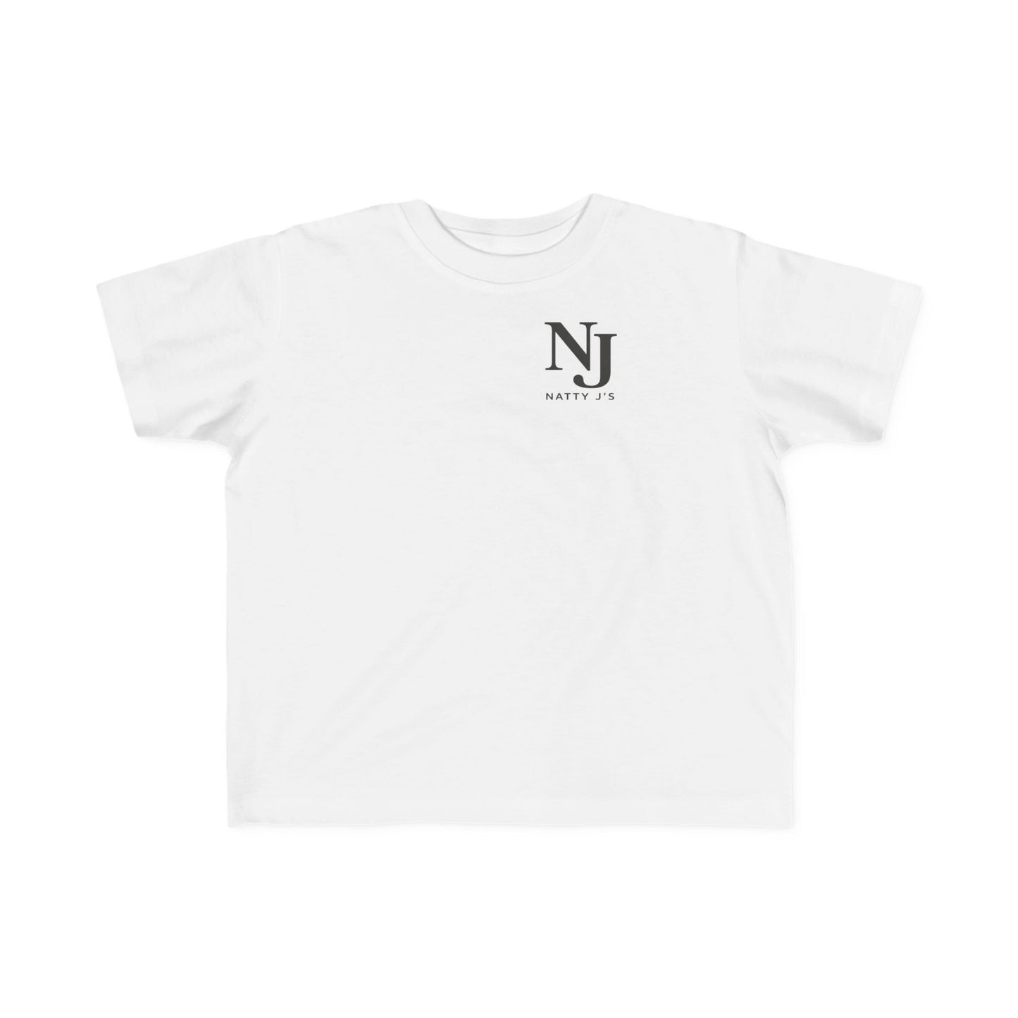 White t-shirt with a black logo on a white background