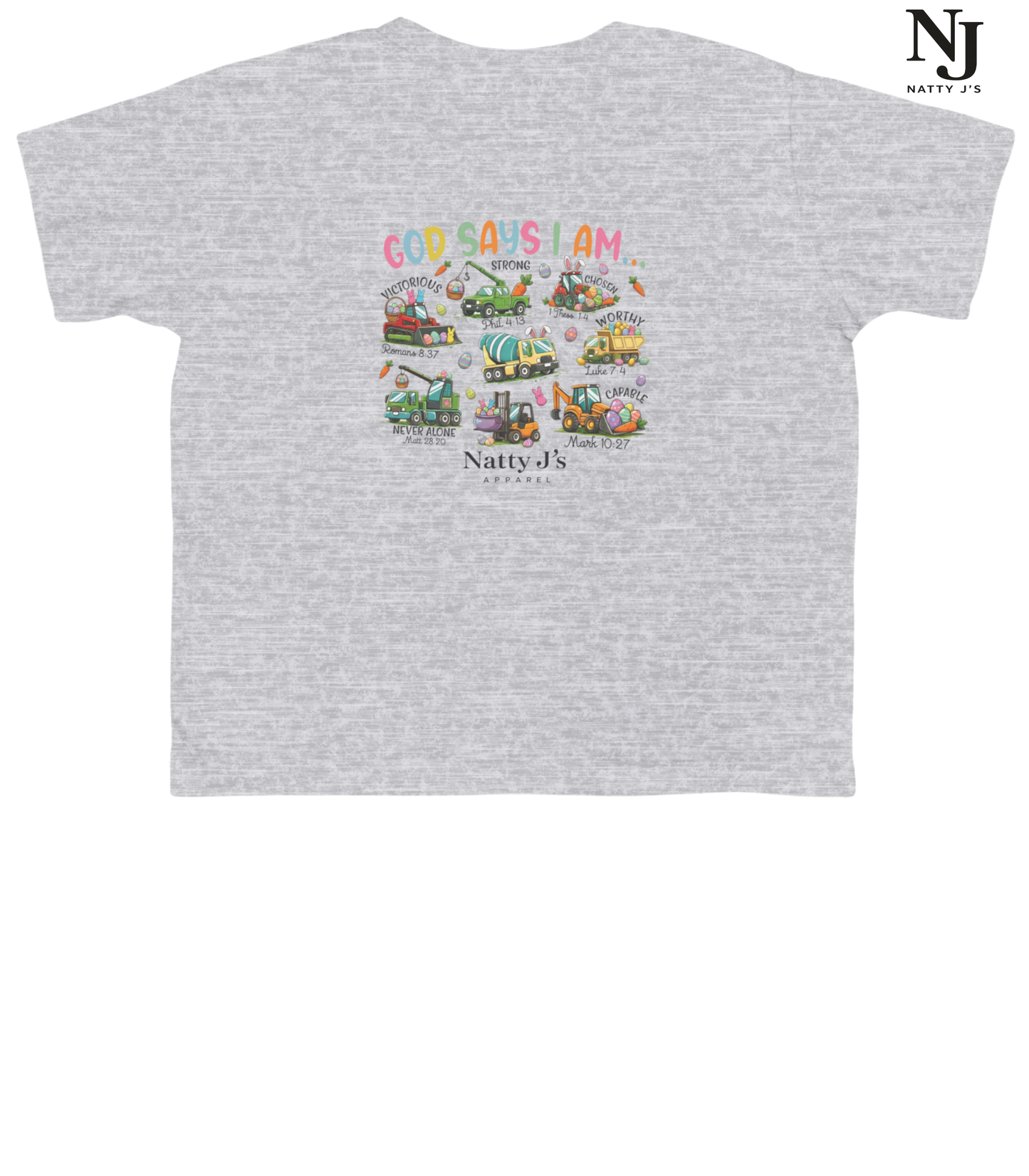 Gray t-shirt with colorful graphic and 'Natty J's' branding on a white background