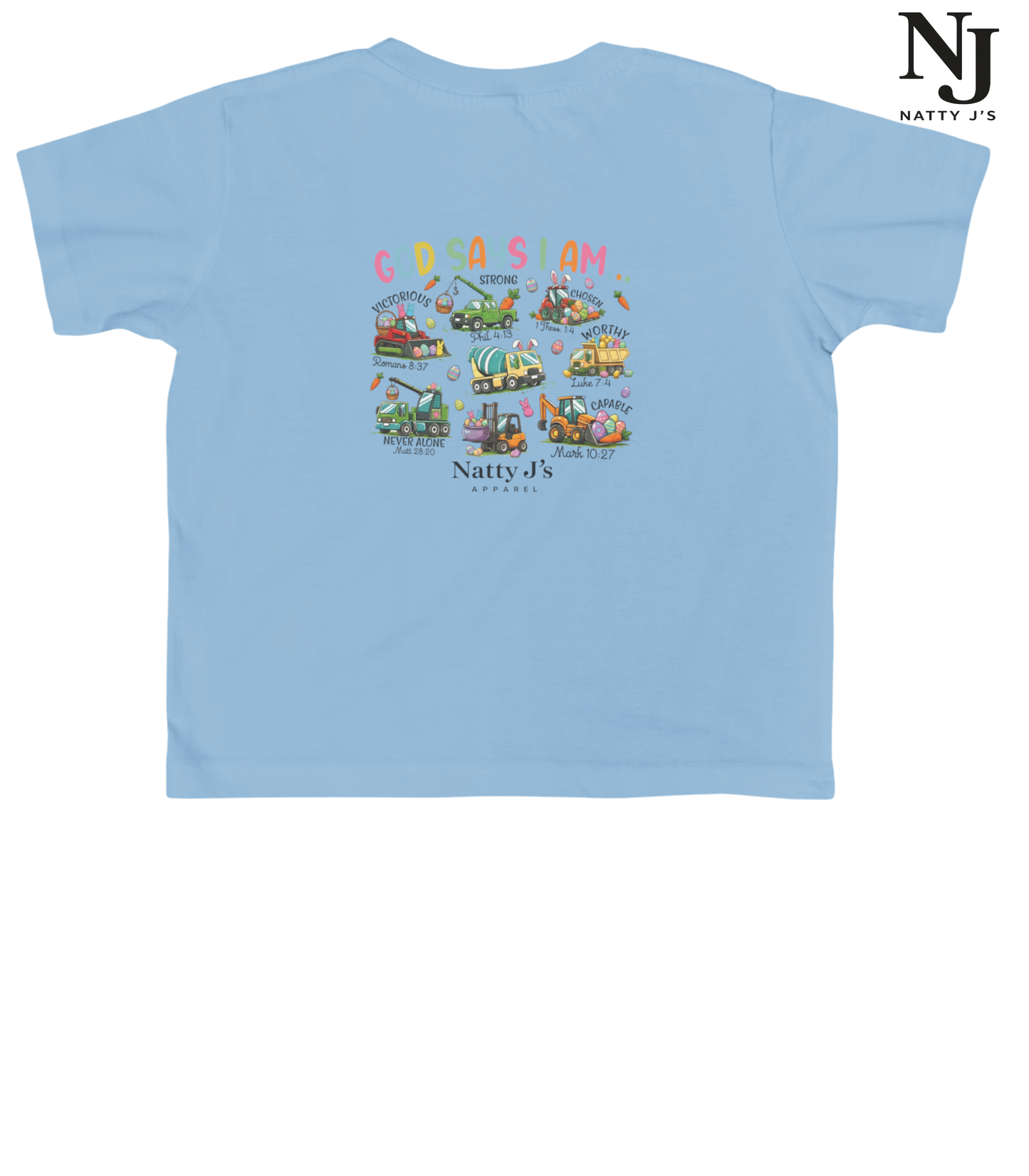 Light blue t-shirt with colorful graphic design and 'Natty J's' branding on a white background
