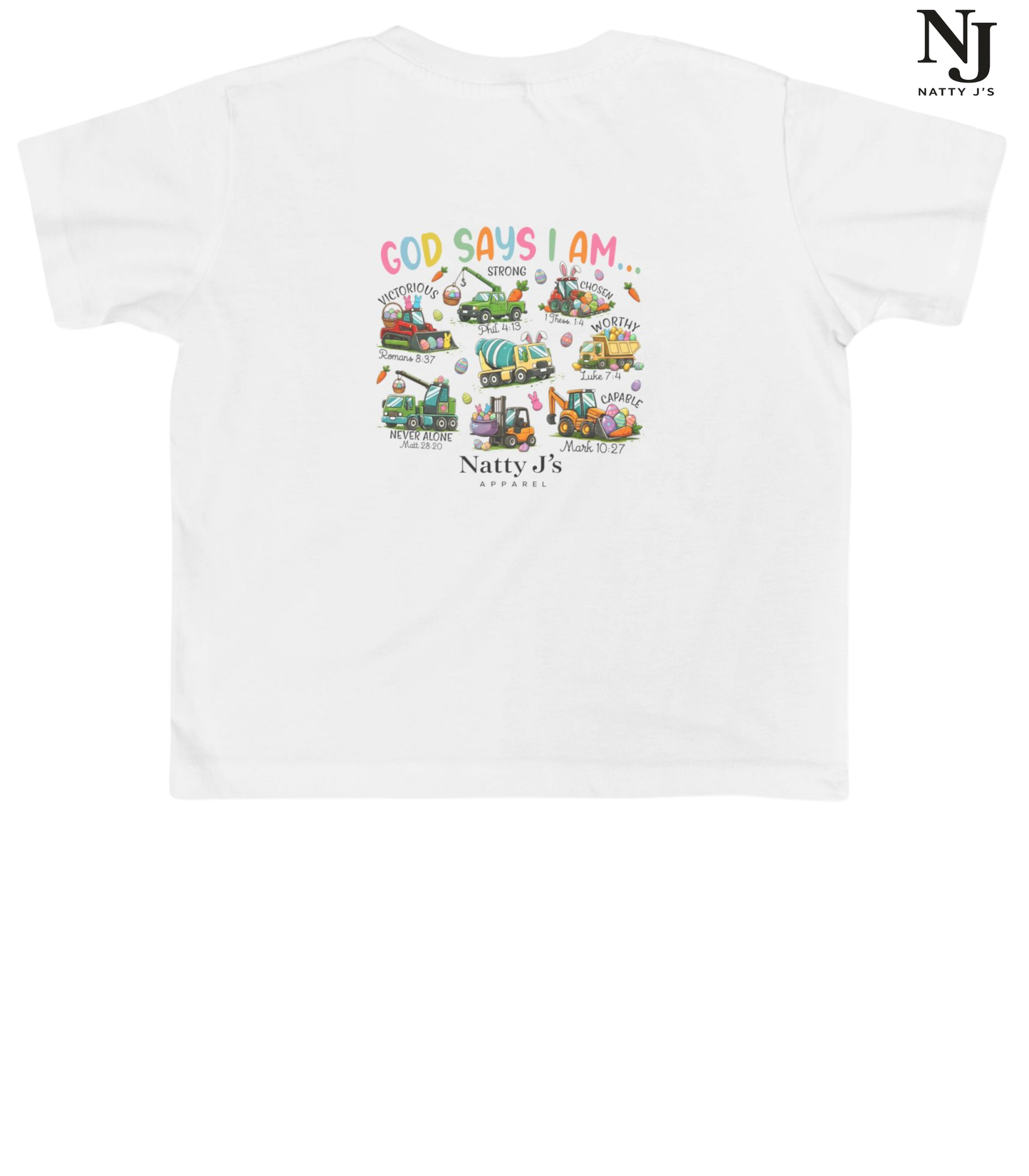 White t-shirt with colorful graphics and text on a white background