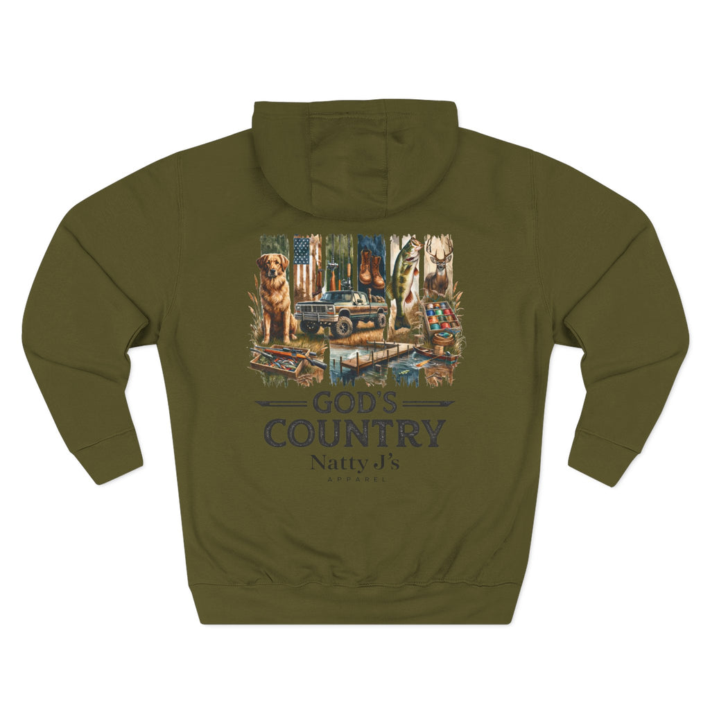 Green hoodie with a nature-themed graphic on the back