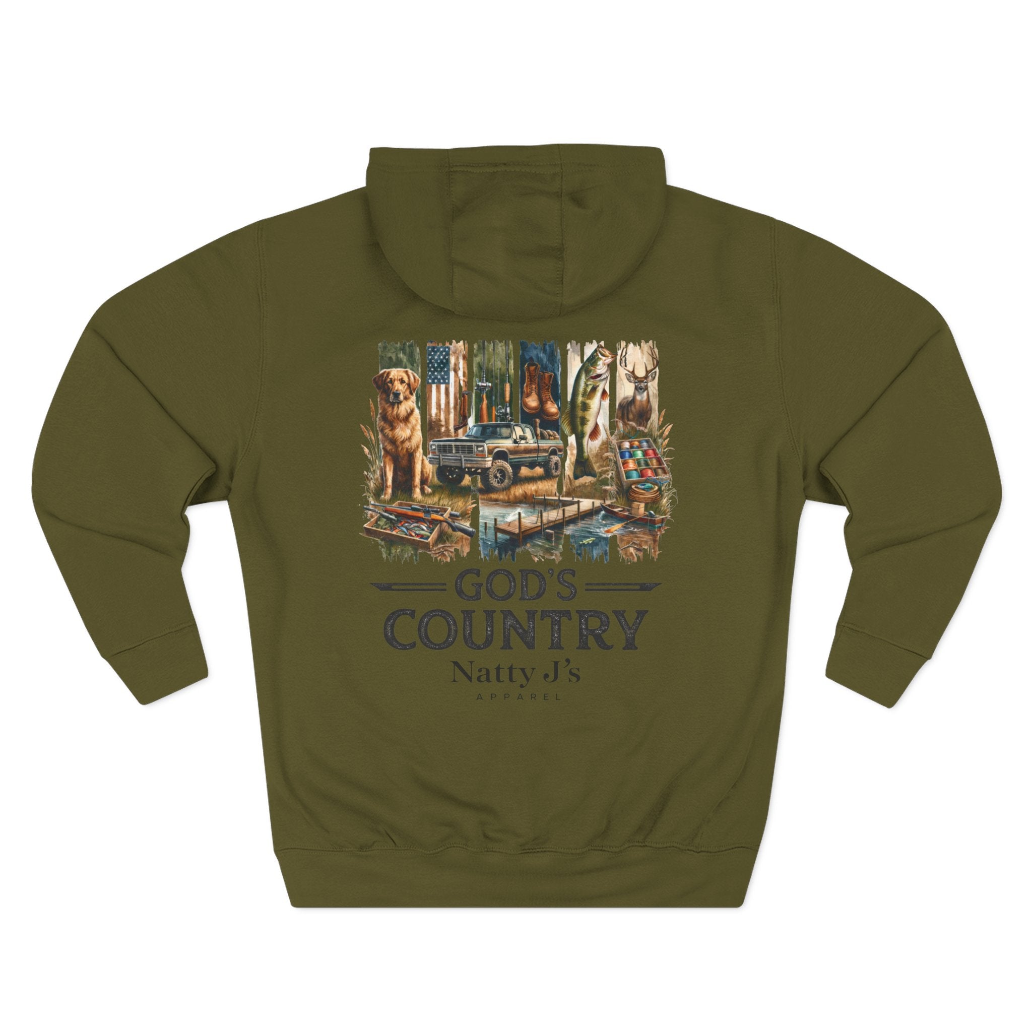 Green hoodie with a nature-themed graphic on the back