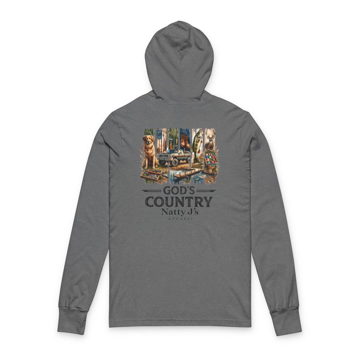 Gray hoodie with nature-themed graphic and 'God's Country' with 'Natty J's Apparel'  text on a white background