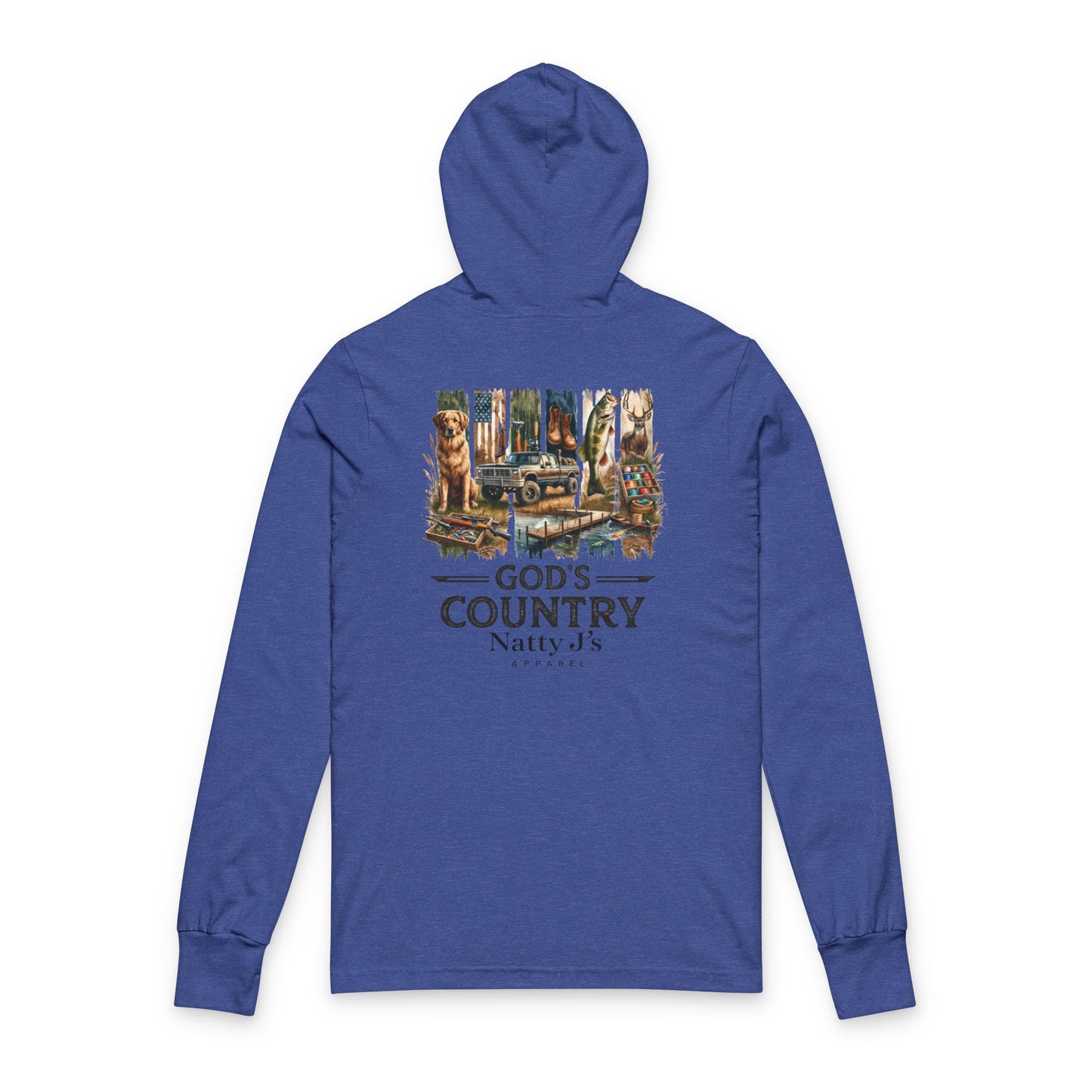 Blue hoodie with nature-themed graphic and 'Gods Country' 'Natty J's' text on a white background
