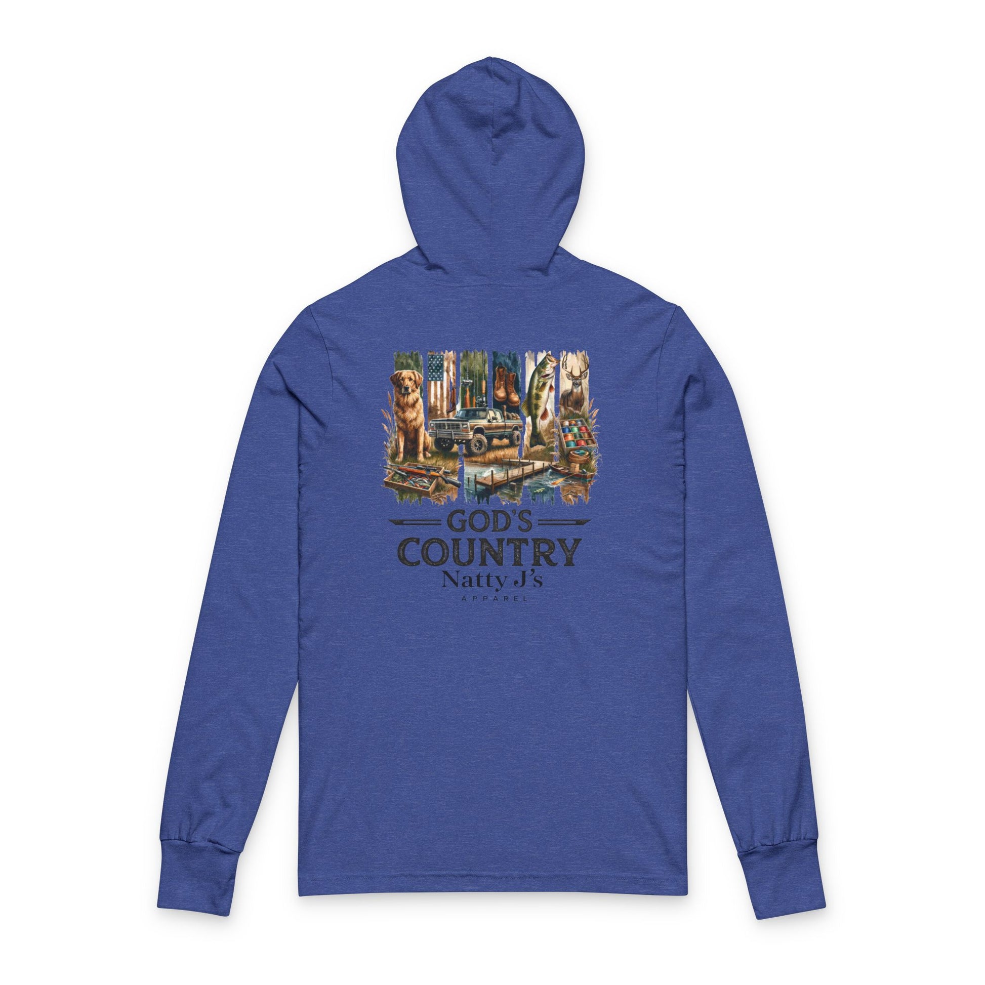 Blue hoodie with nature-themed graphic and 'Gods Country' 'Natty J's' text on a white background