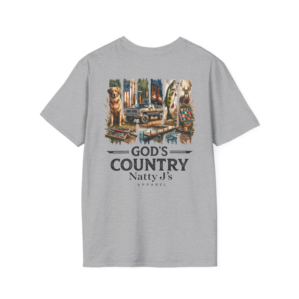 Gray t-shirt with a graphic design and text on a white background