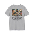 Gray t-shirt with a graphic design and text on a white background