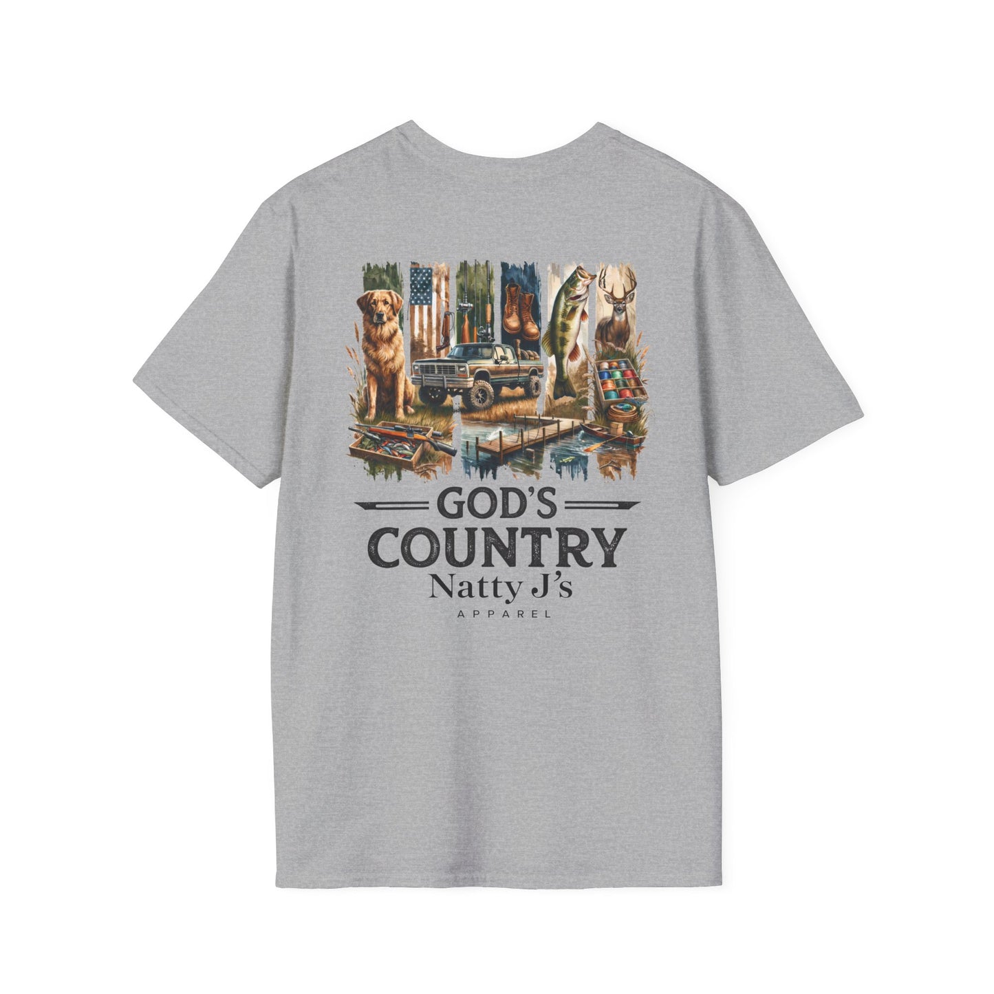 Gray t-shirt with a graphic design and text on a white background