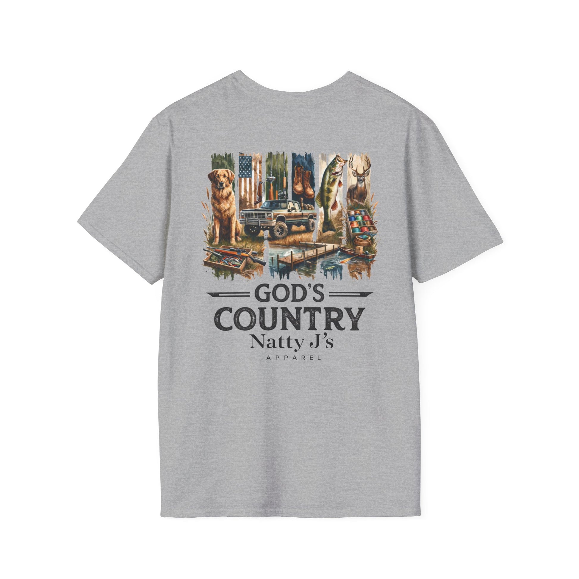 Gray t-shirt with a graphic design and text on a white background