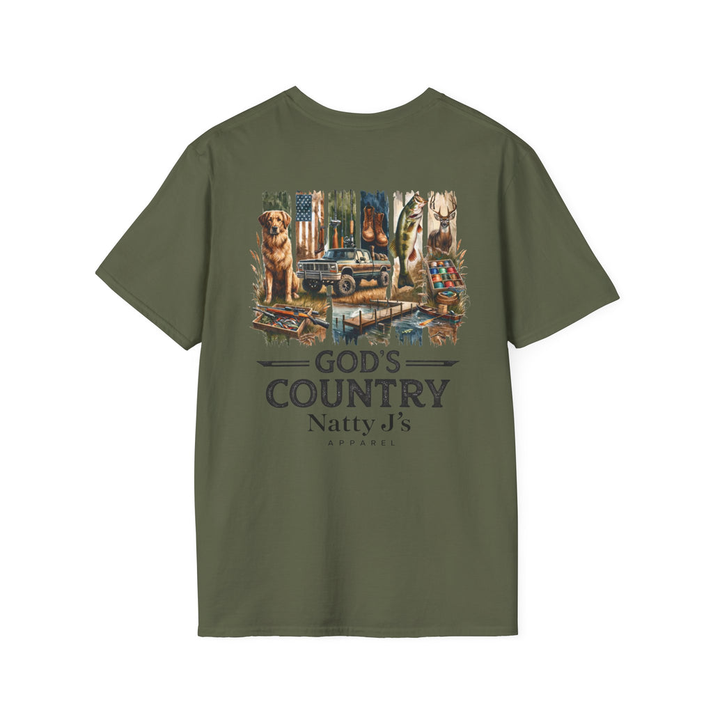 Green t-shirt with a graphic of a truck, dog, and cabin, and text 'God's Country Natty J's' on a white background.