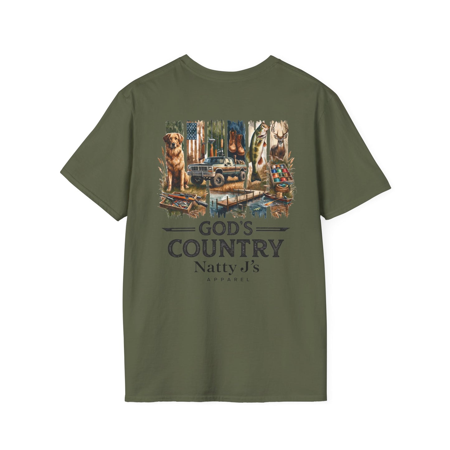 Green t-shirt with a graphic of a truck, dog, and cabin, and text 'God's Country Natty J's' on a white background.