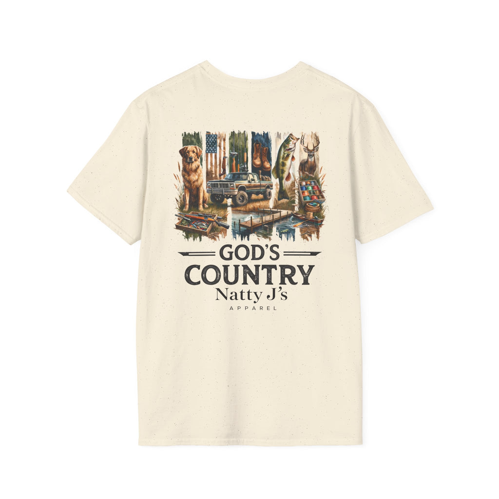 Beige t-shirt with graphic design and text on a white background