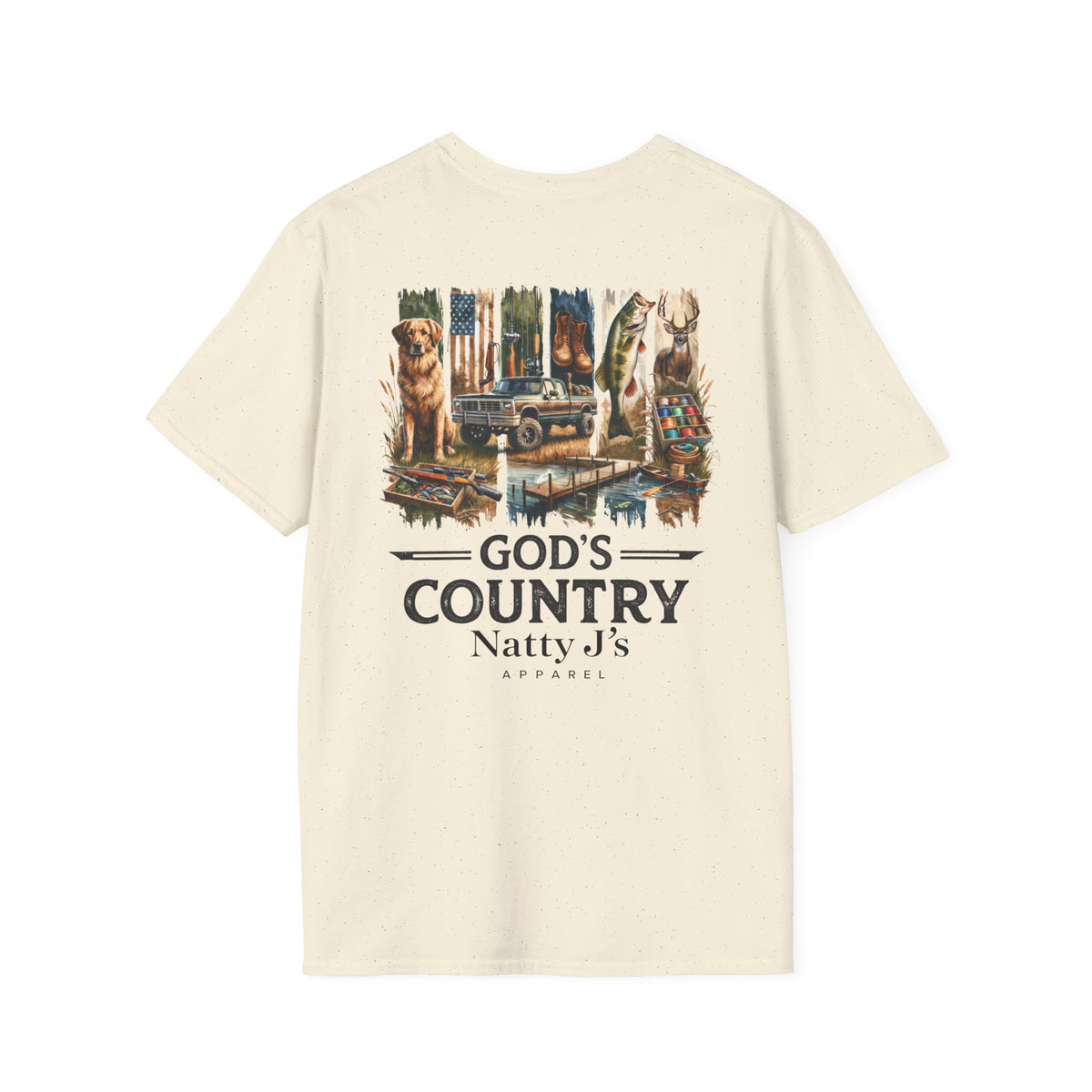 Beige t-shirt with graphic design and text on a white background