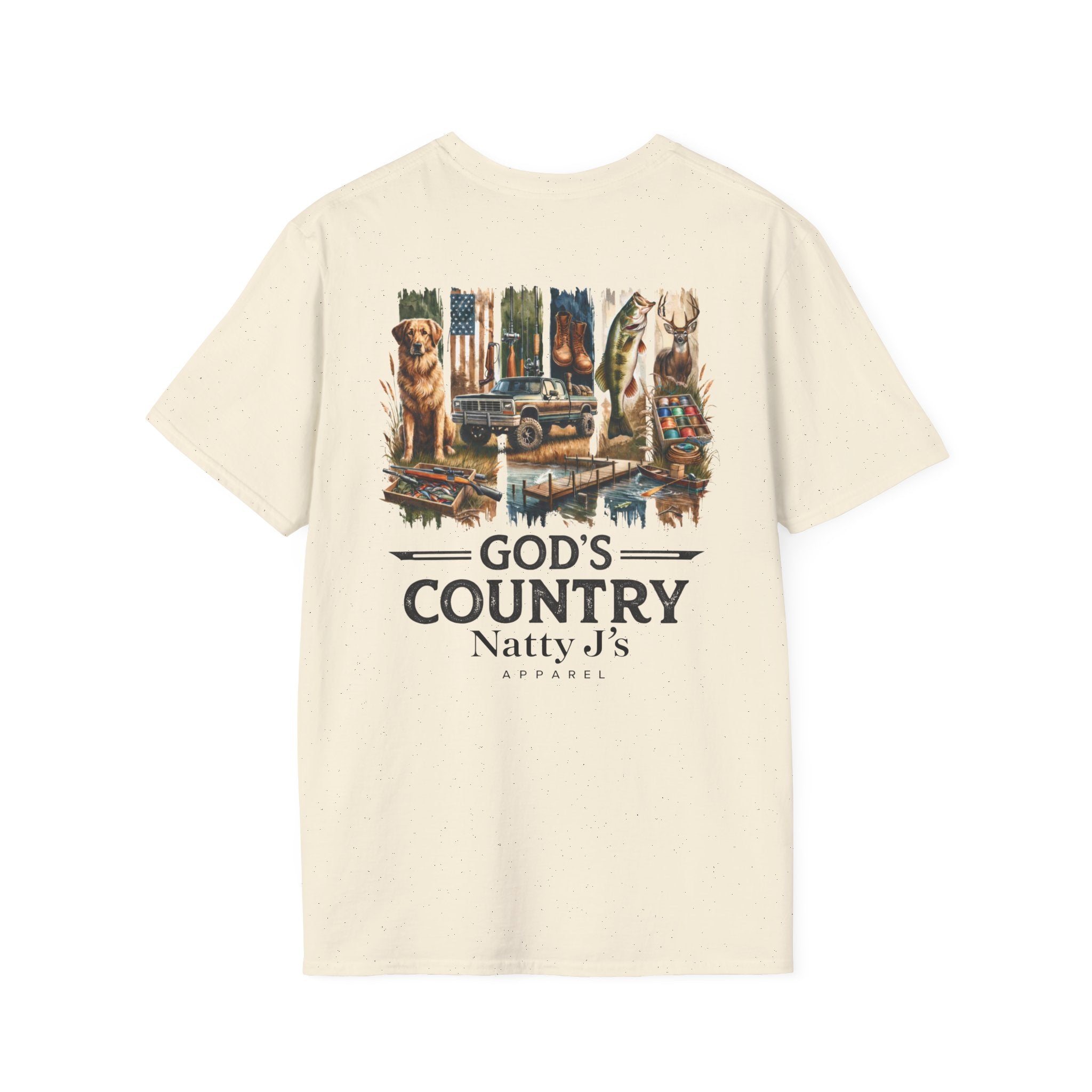Beige t-shirt with graphic design and text on a white background