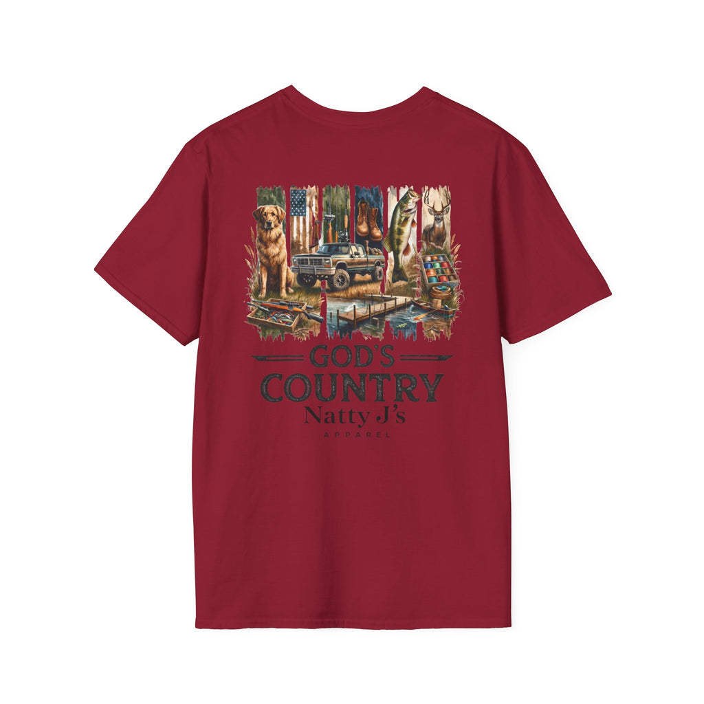 Red t-shirt with nature-themed graphic and 'God's Country Natty J's' text on a white background