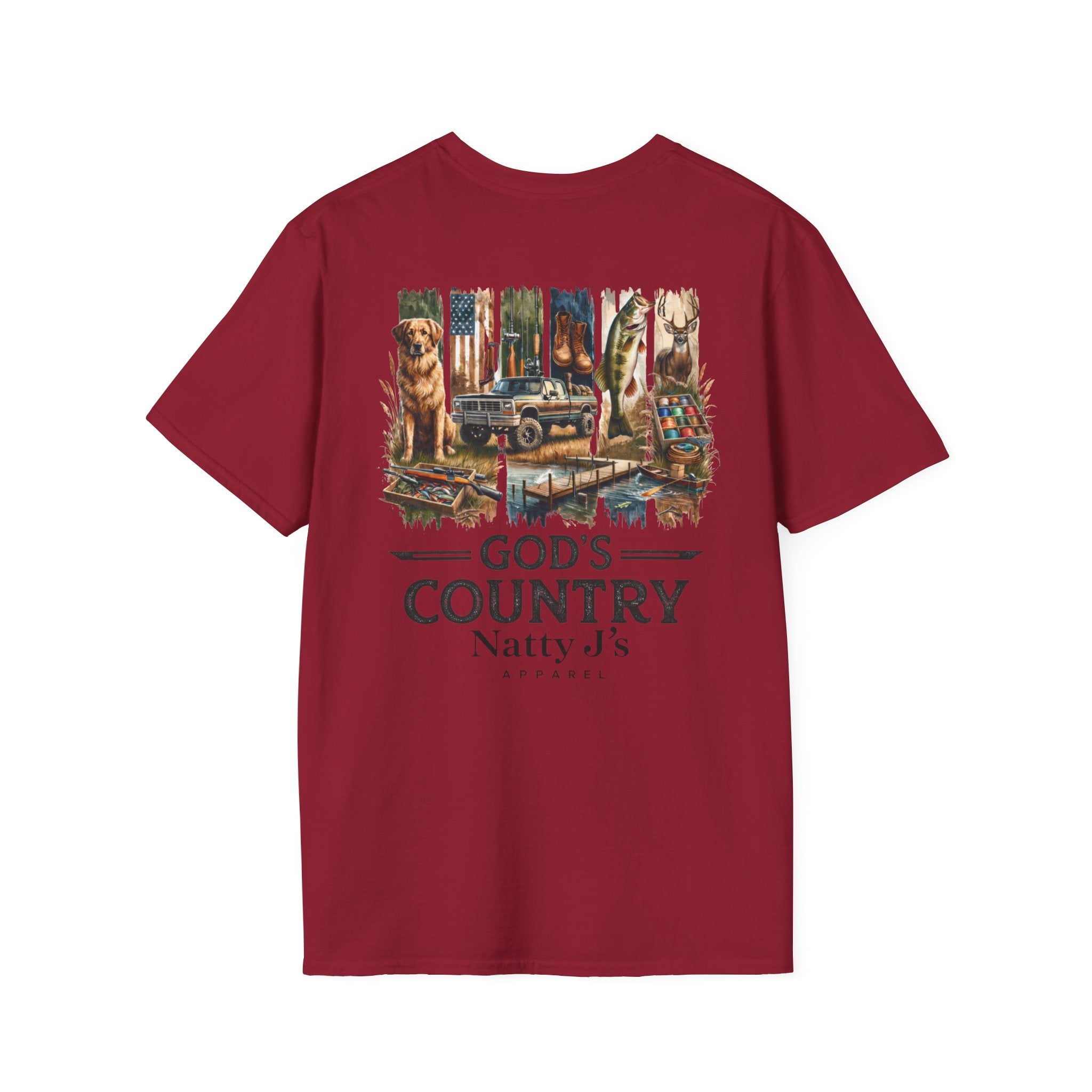 Red t-shirt with nature-themed graphic and 'God's Country Natty J's' text on a white background