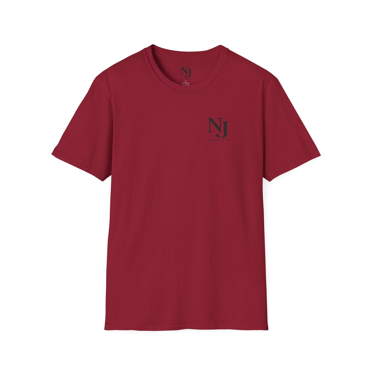 Red t-shirt with a small black graphic on a white background