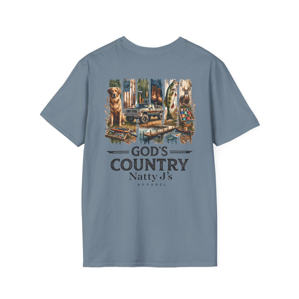Blue t-shirt with a graphic design and text on a white background