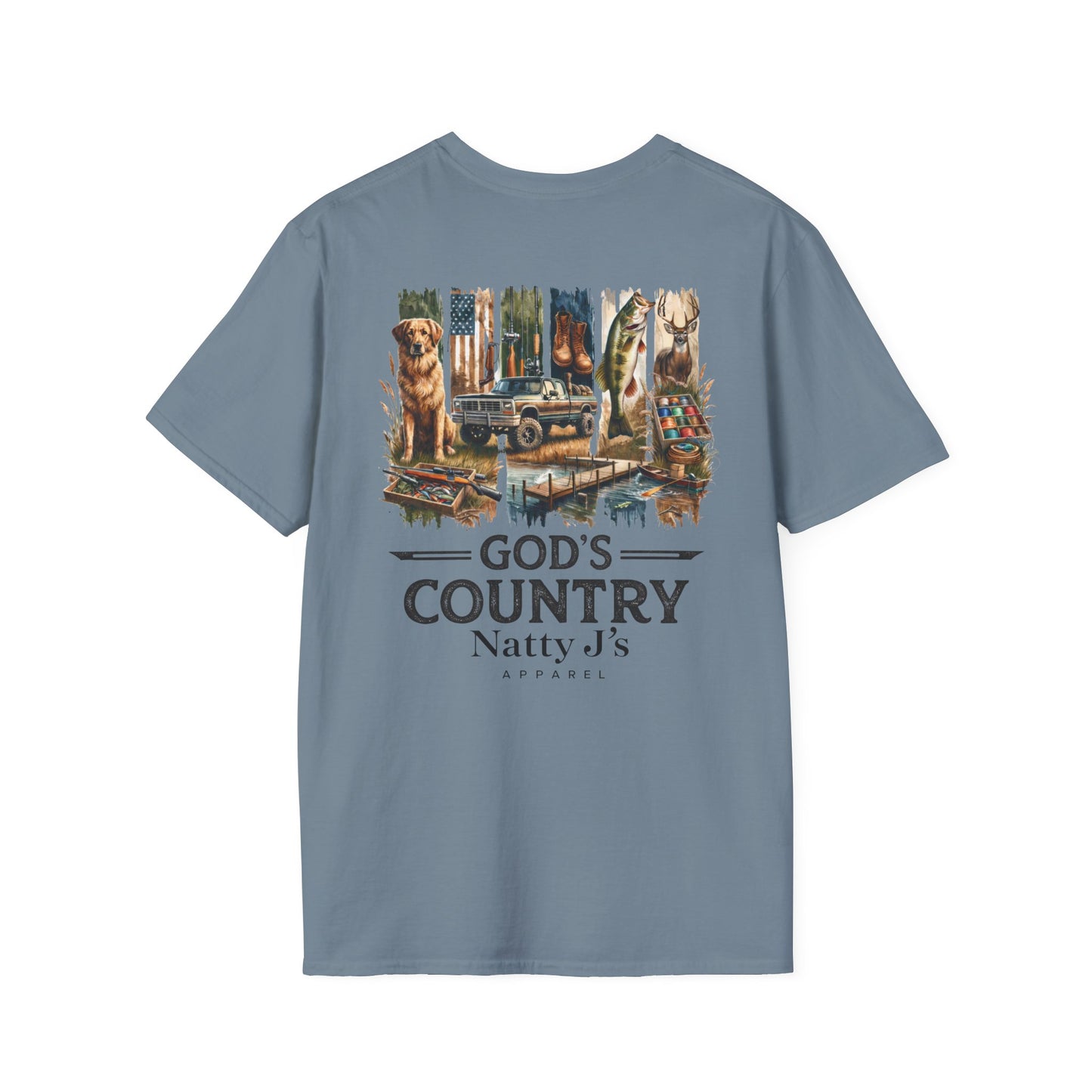 Blue t-shirt with a graphic design and text on a white background