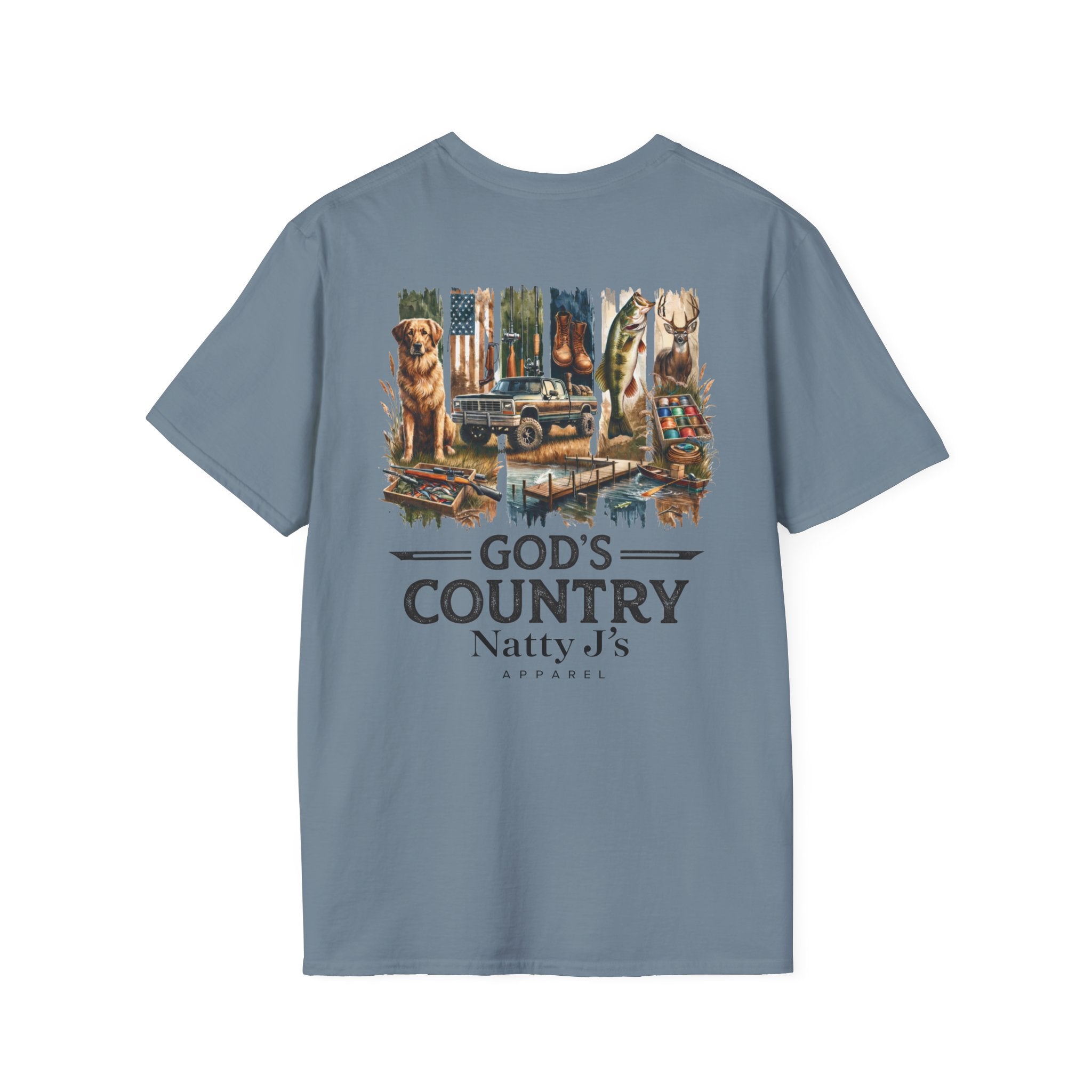 Blue t-shirt with a graphic design and text on a white background