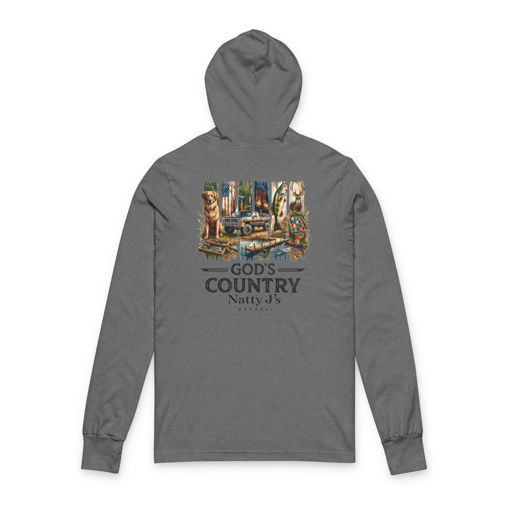 Gray hoodie with nature-themed graphic and 'God's Country' text on a white background