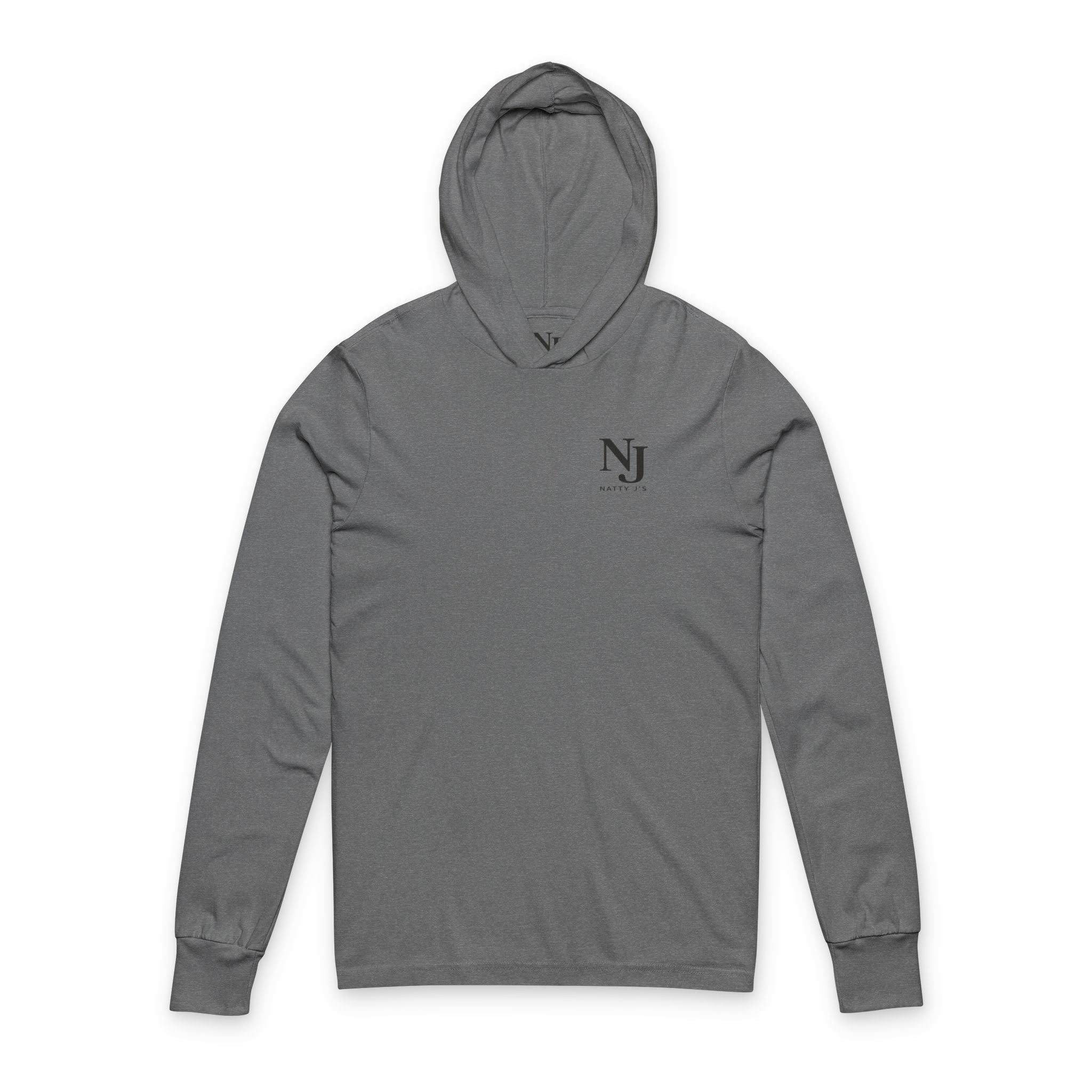 Gray hoodie with a small logo on the chest against a white background