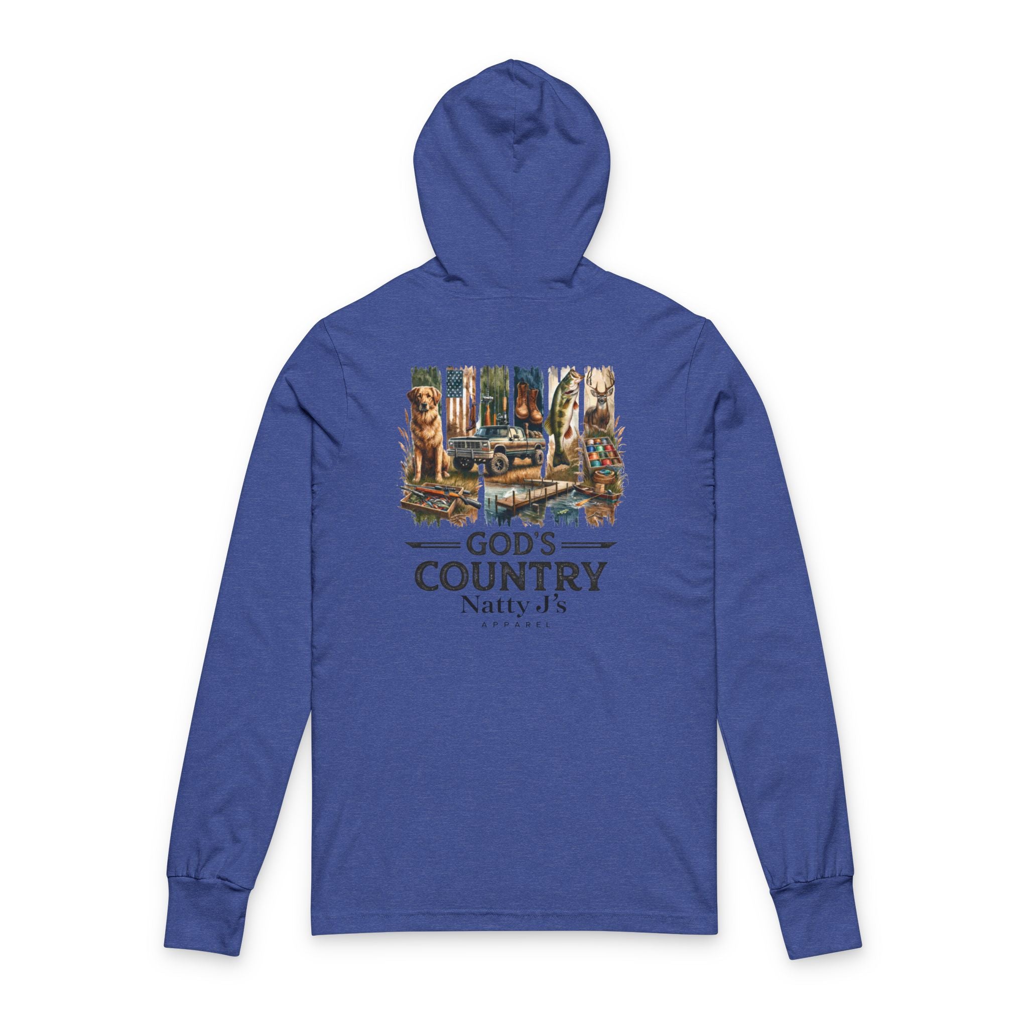 Blue hoodie with nature-themed graphic and text on a white background
