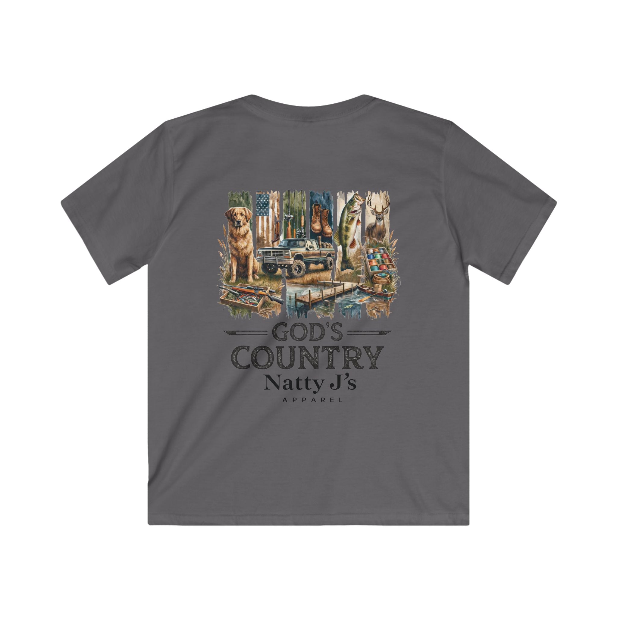 Gray t-shirt with a nature-themed graphic and 'Natty J's' branding on a white background