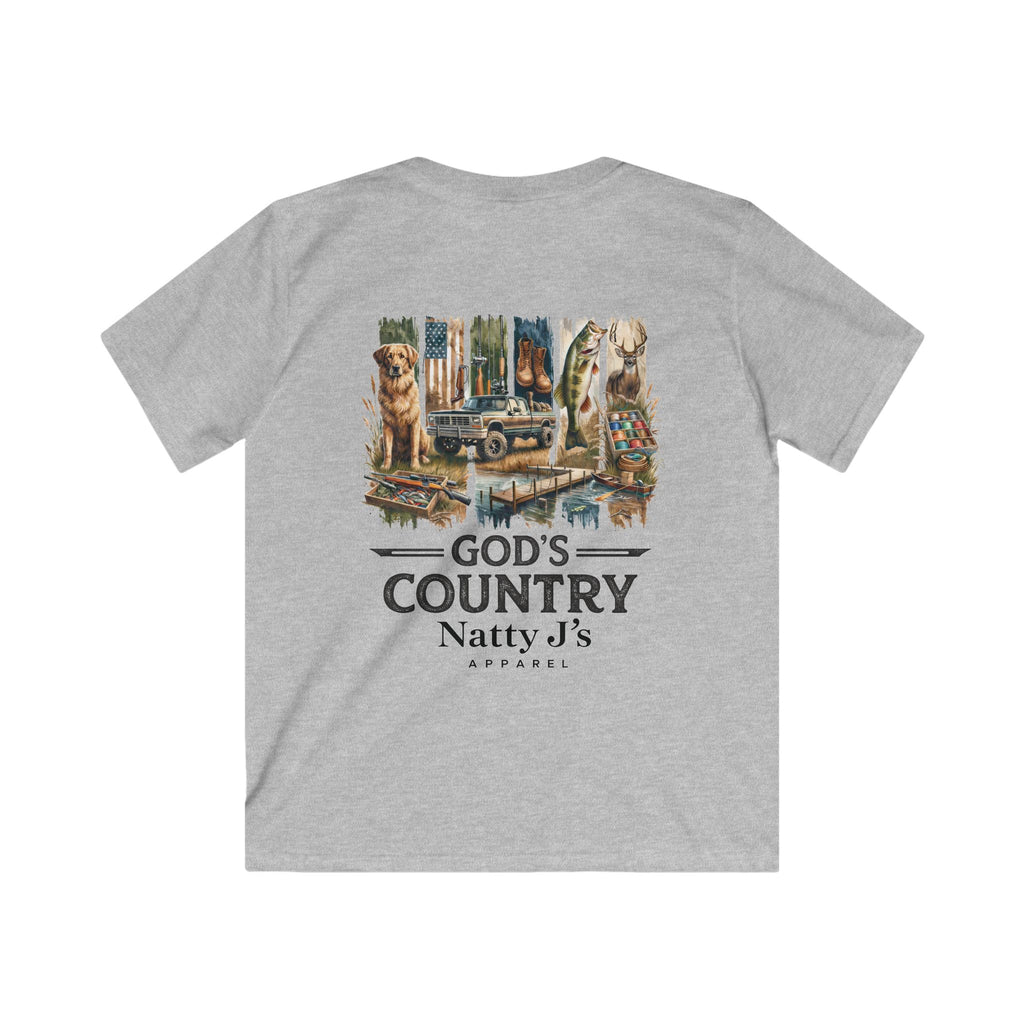 Gray t-shirt with 'God's Country' graphic and text on a white background