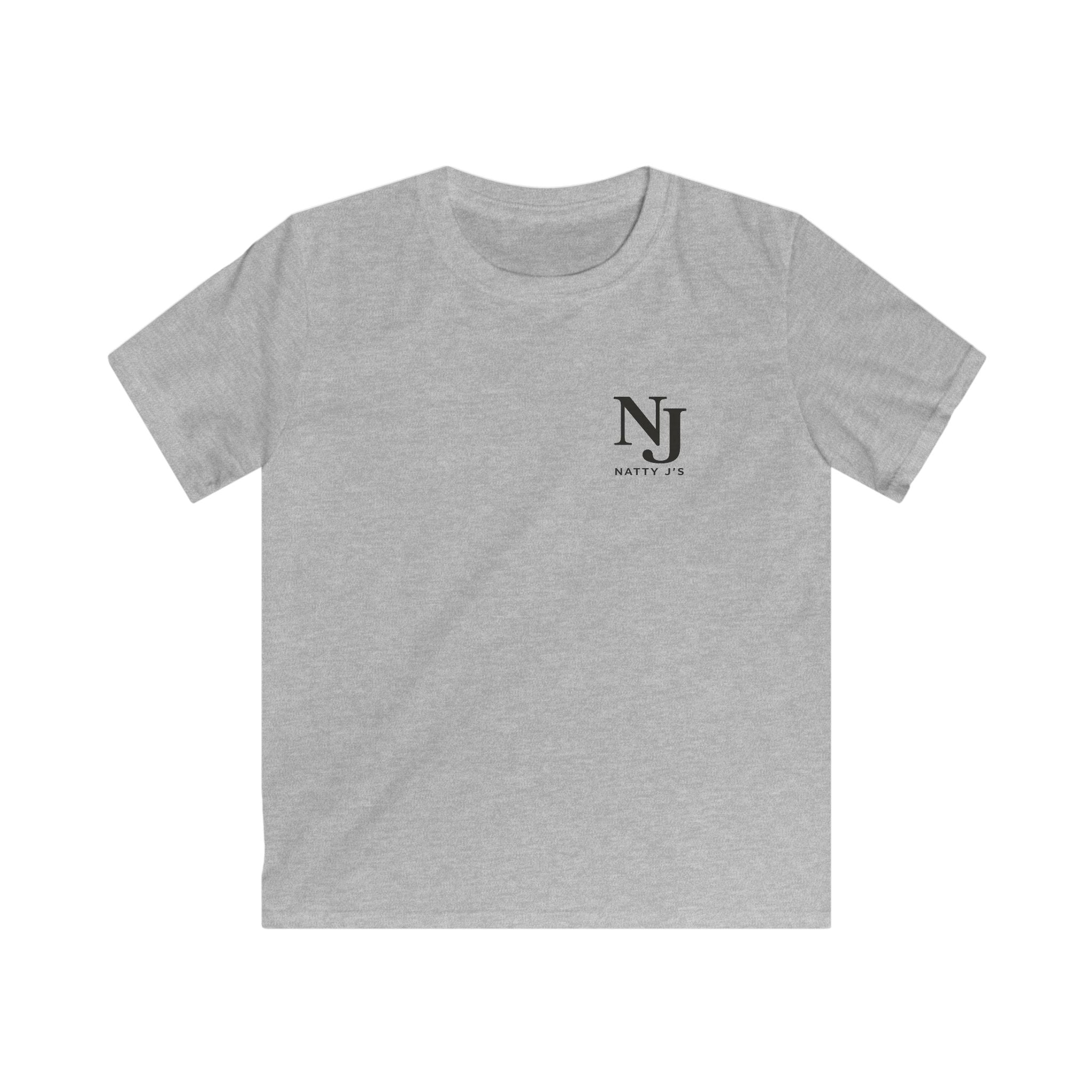 Gray t-shirt with a small logo on the chest against a white background