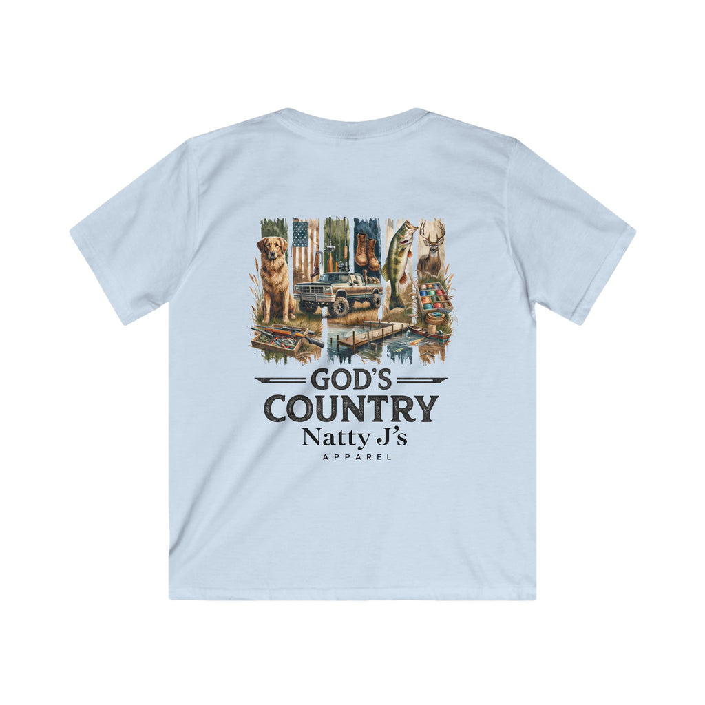 Light blue t-shirt with a graphic design on the back featuring a dog, American flag, and text 'God's Country Natty J's Apparel'.