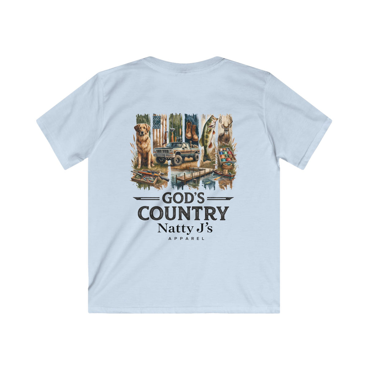 Light blue t-shirt with a graphic design on the back featuring a dog, American flag, and text 'God's Country Natty J's Apparel'.