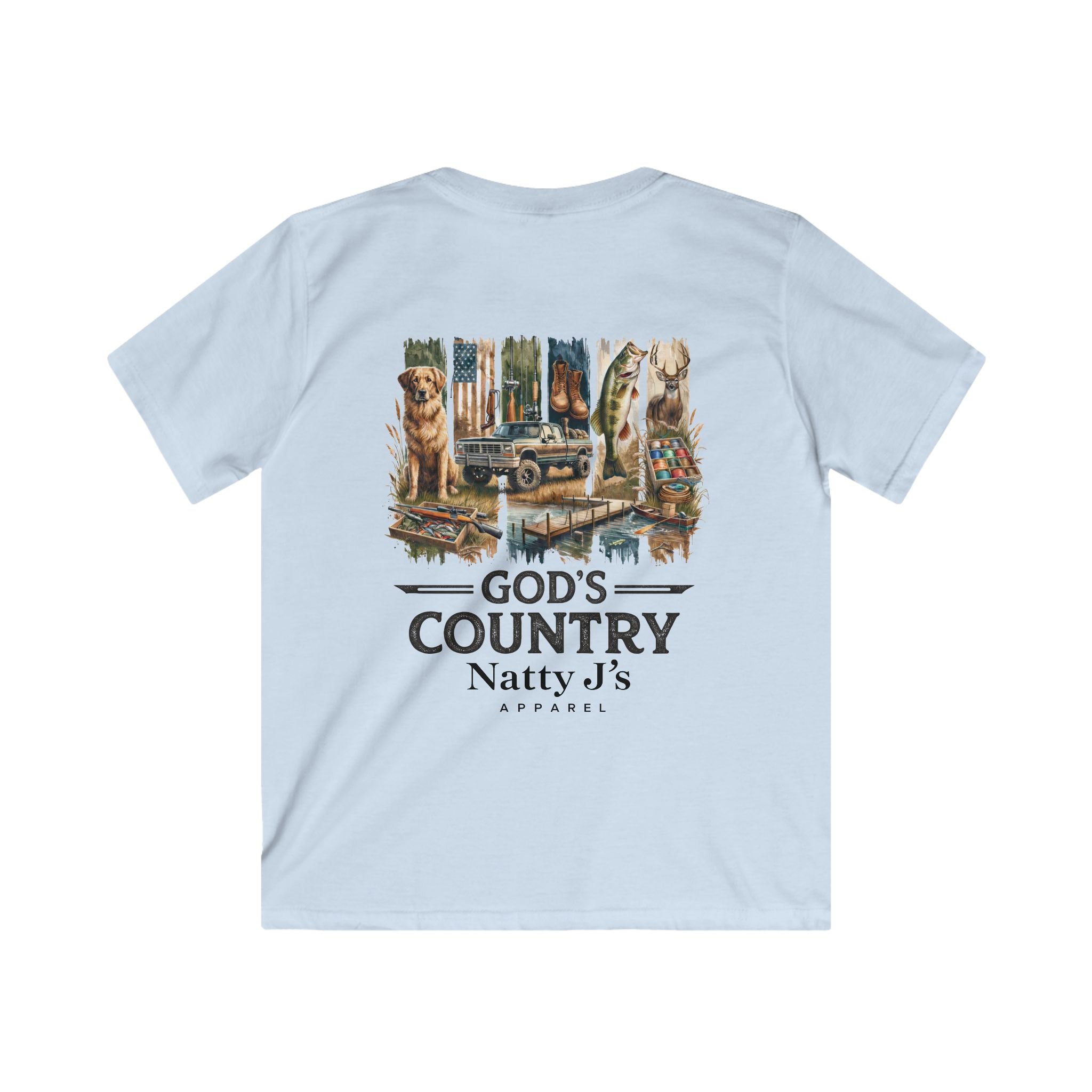 Light blue t-shirt with a graphic design on the back featuring a dog, American flag, and text 'God's Country Natty J's Apparel'.
