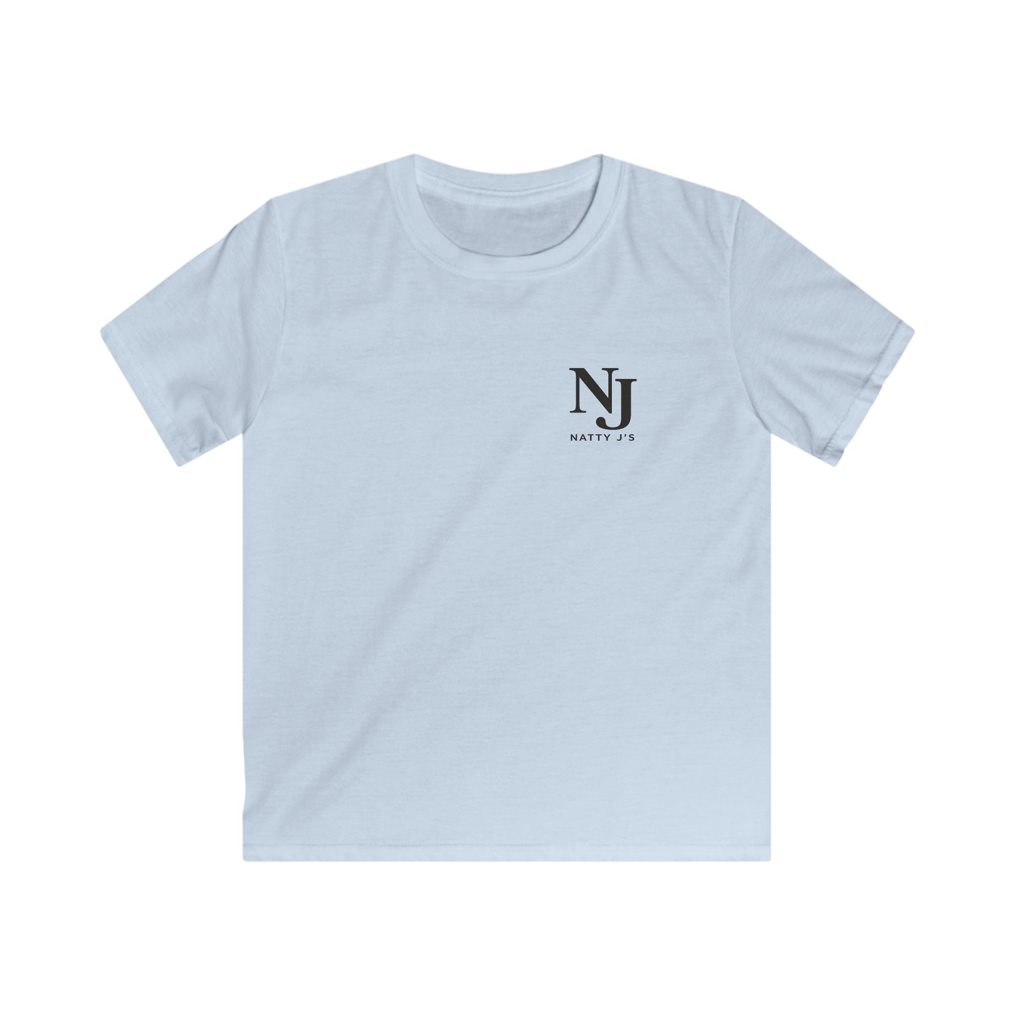 Light blue t-shirt with a black logo on a white background