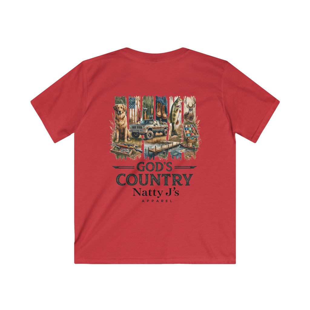 Red t-shirt with graphic design and text on a white background