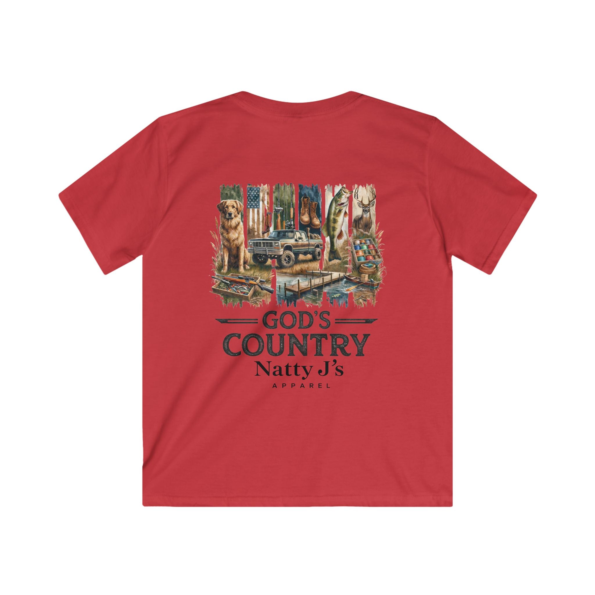 Red t-shirt with graphic design and text on a white background