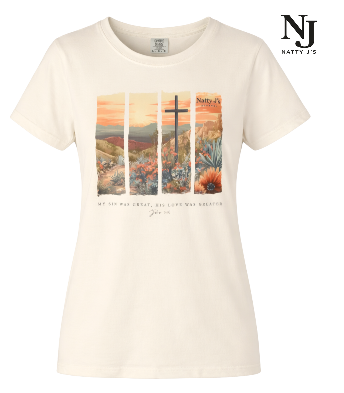 Ivory t-shirt with a scenic design and cross, featuring the brand 'Natty J's'.
