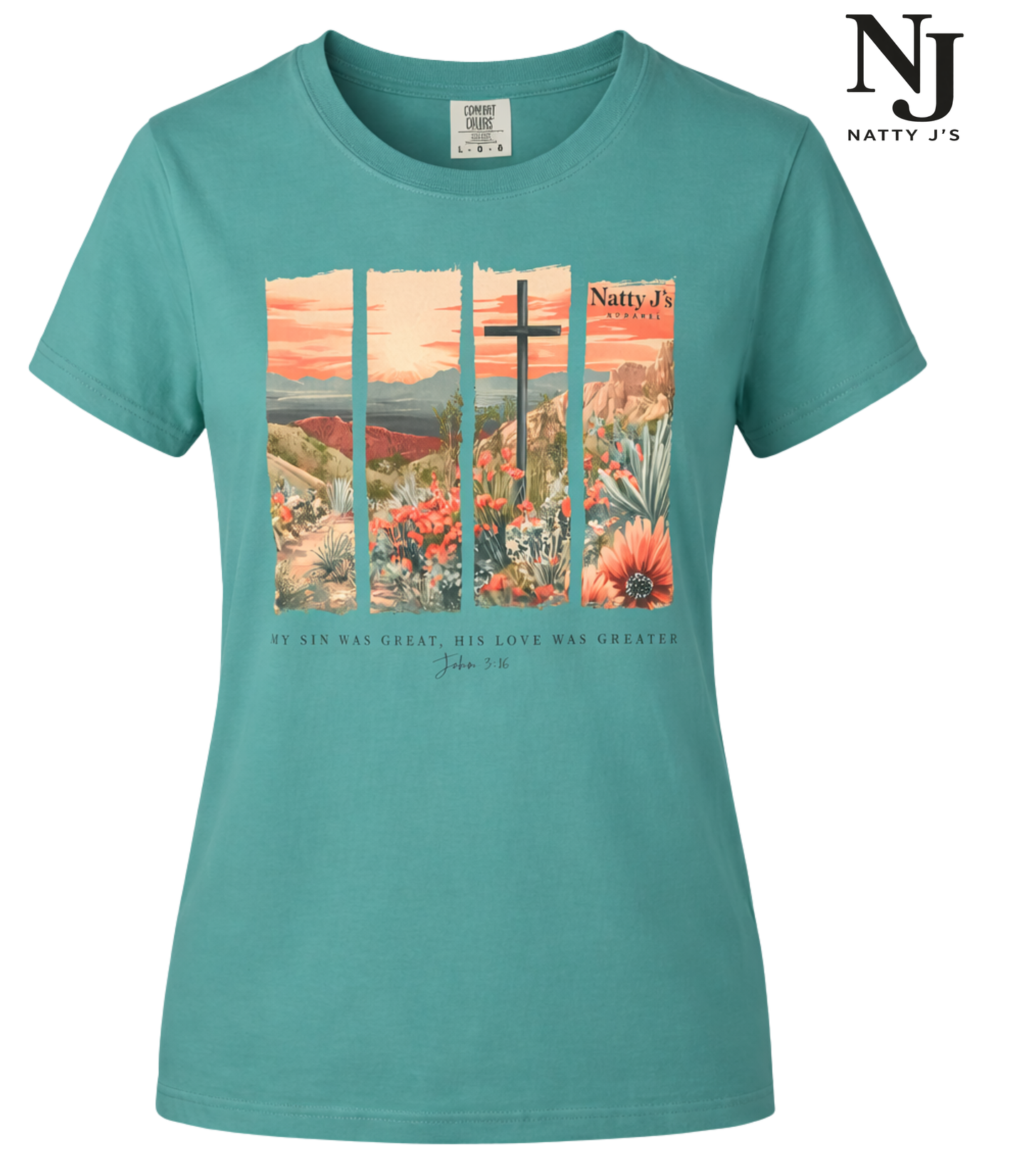 Teal t-shirt with scenic design and 'Natty J's' branding on a white background