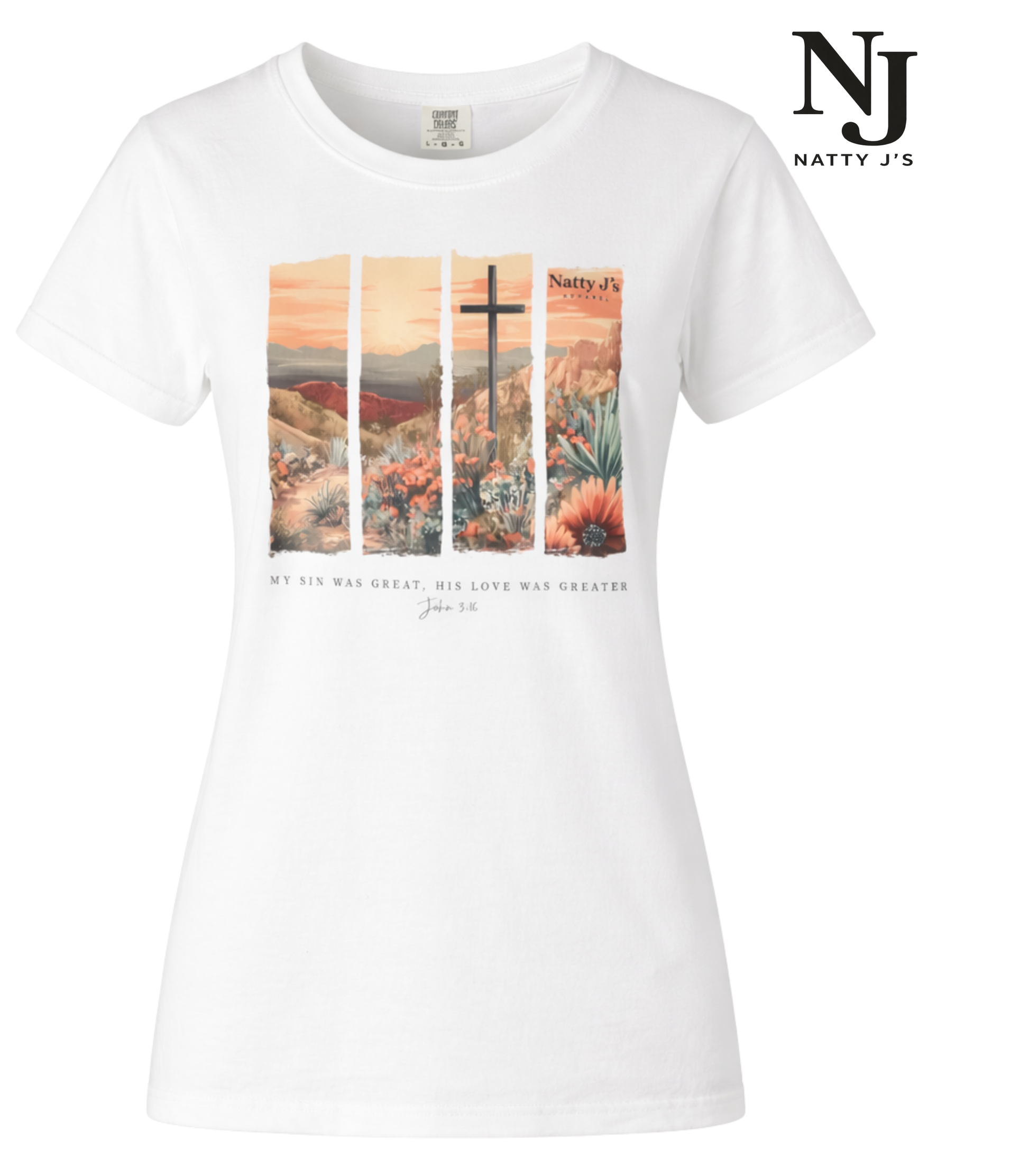 White t-shirt with a scenic design and cross, featuring 'Natty J's' branding.