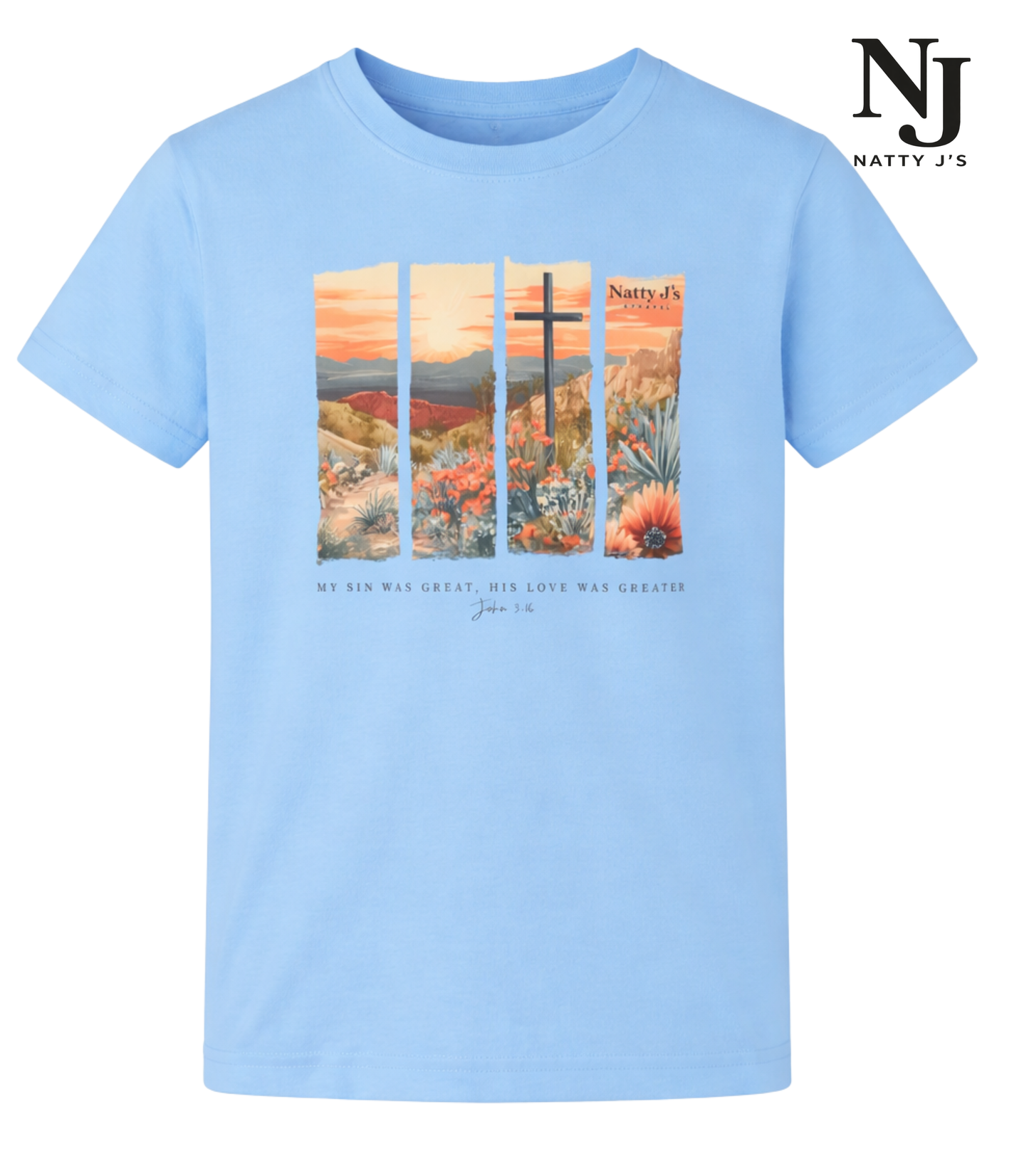 Light blue t-shirt with scenic  print and 'Natty J's' branding on a white background