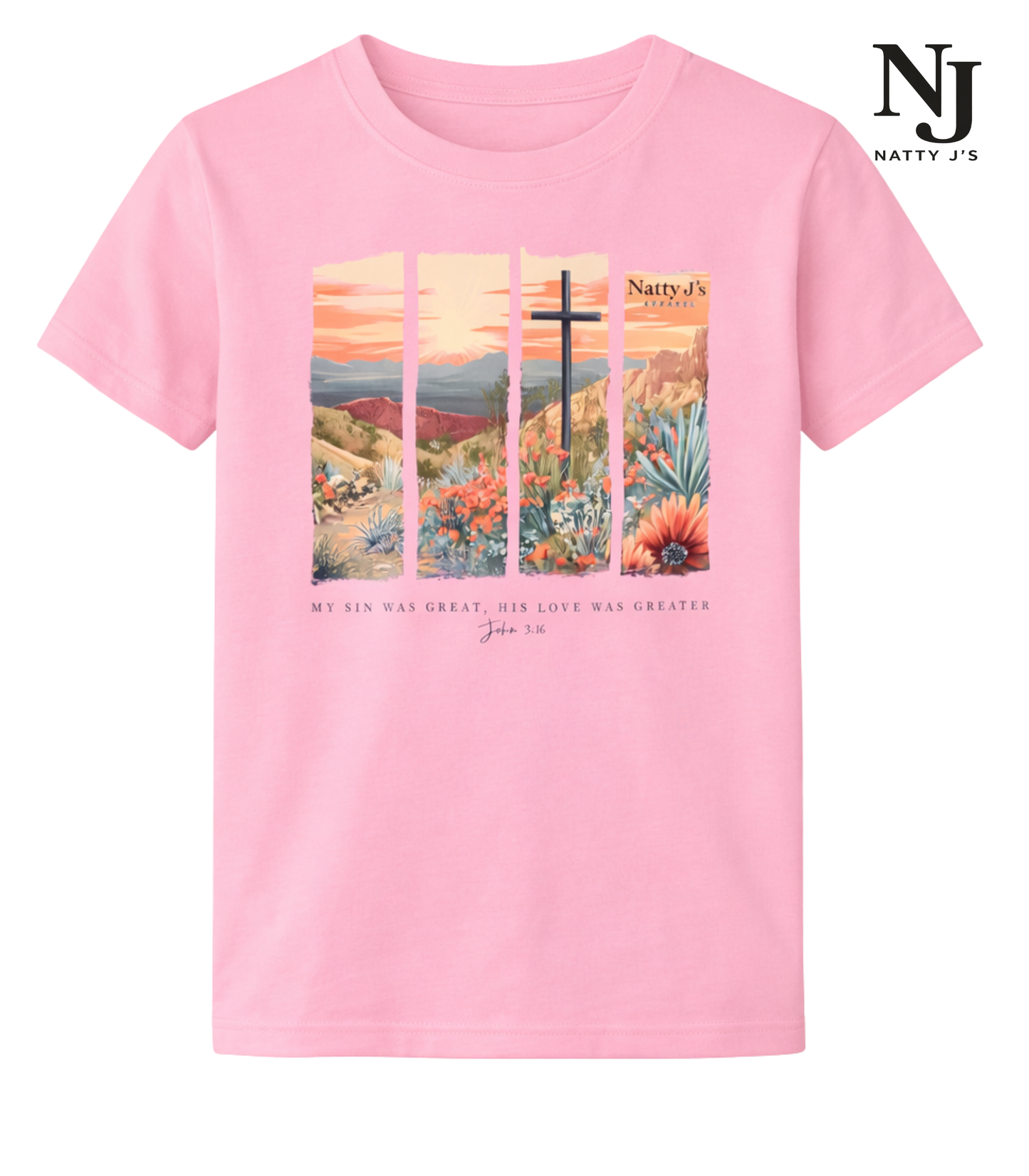 Pink t-shirt with a cross and desert landscape design with Natty J's Apparel on a white background