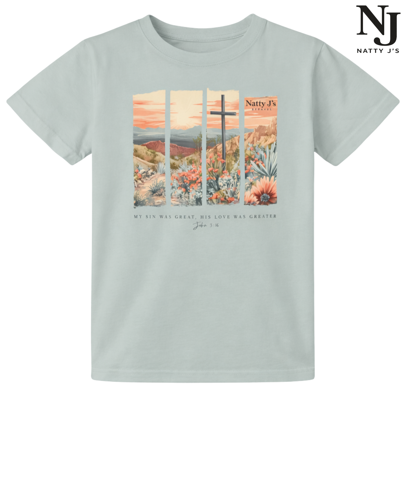 Silver t-shirt with a scenic design and Natty J's Apparel text on a white background