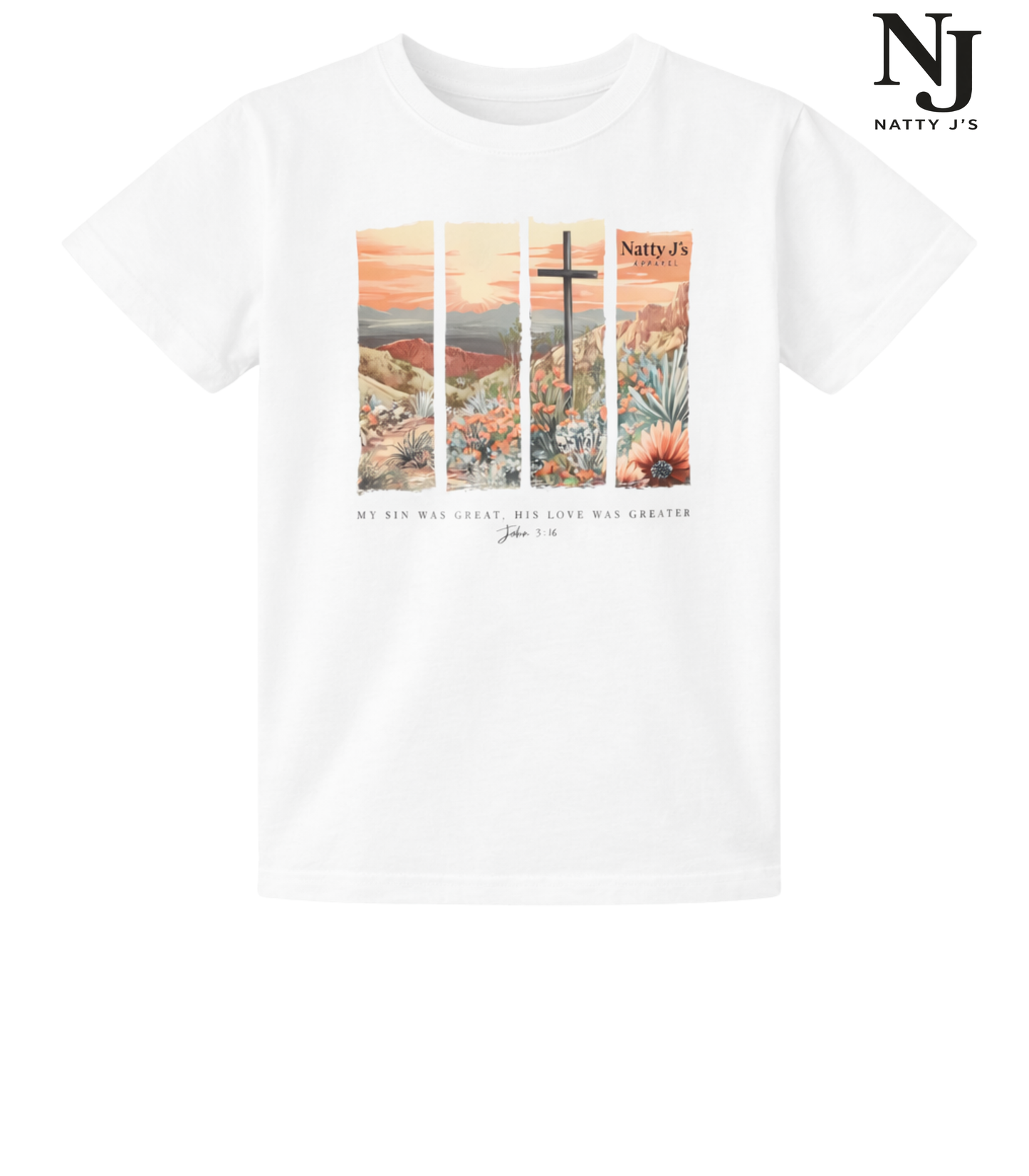 White t-shirt with artistic Scenic design and 'Natty J's' branding on a white background