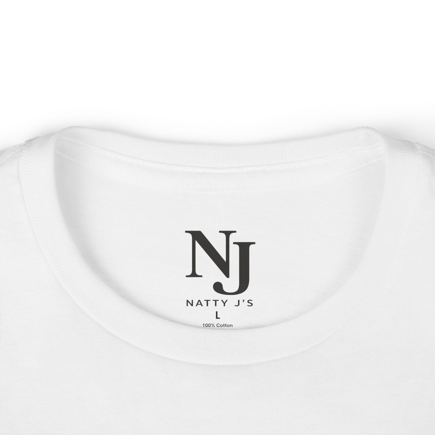 White t-shirt with 'NJ Natty J's' logo and text on a white background