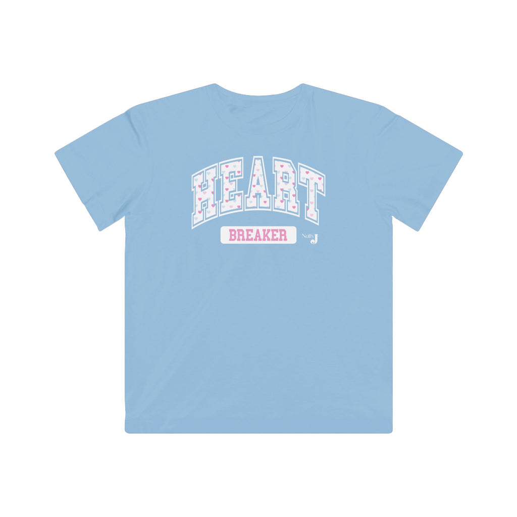 Light blue youth girls t-shirt featuring varsity style lettering. 