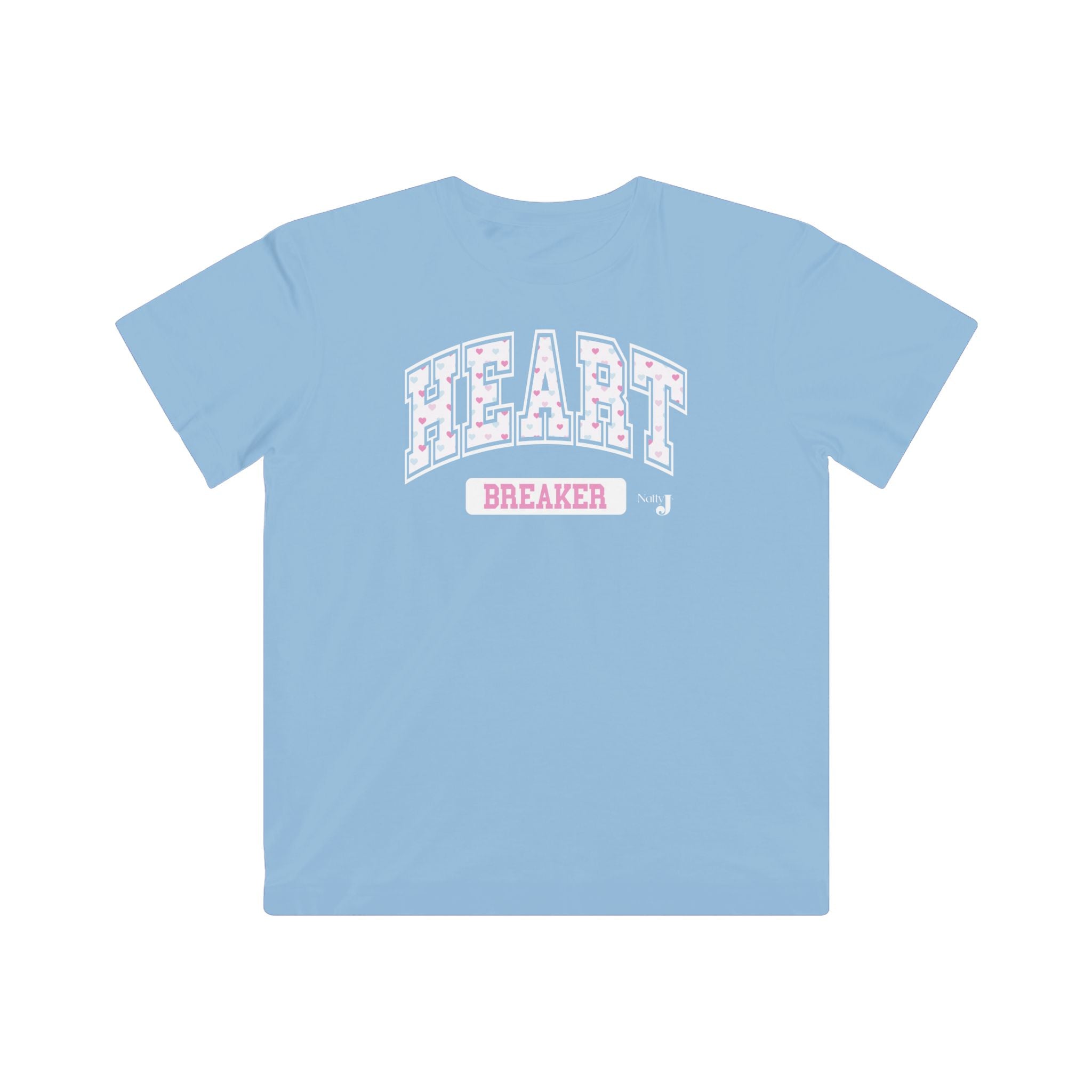 Light blue youth girls t-shirt featuring varsity style lettering. 