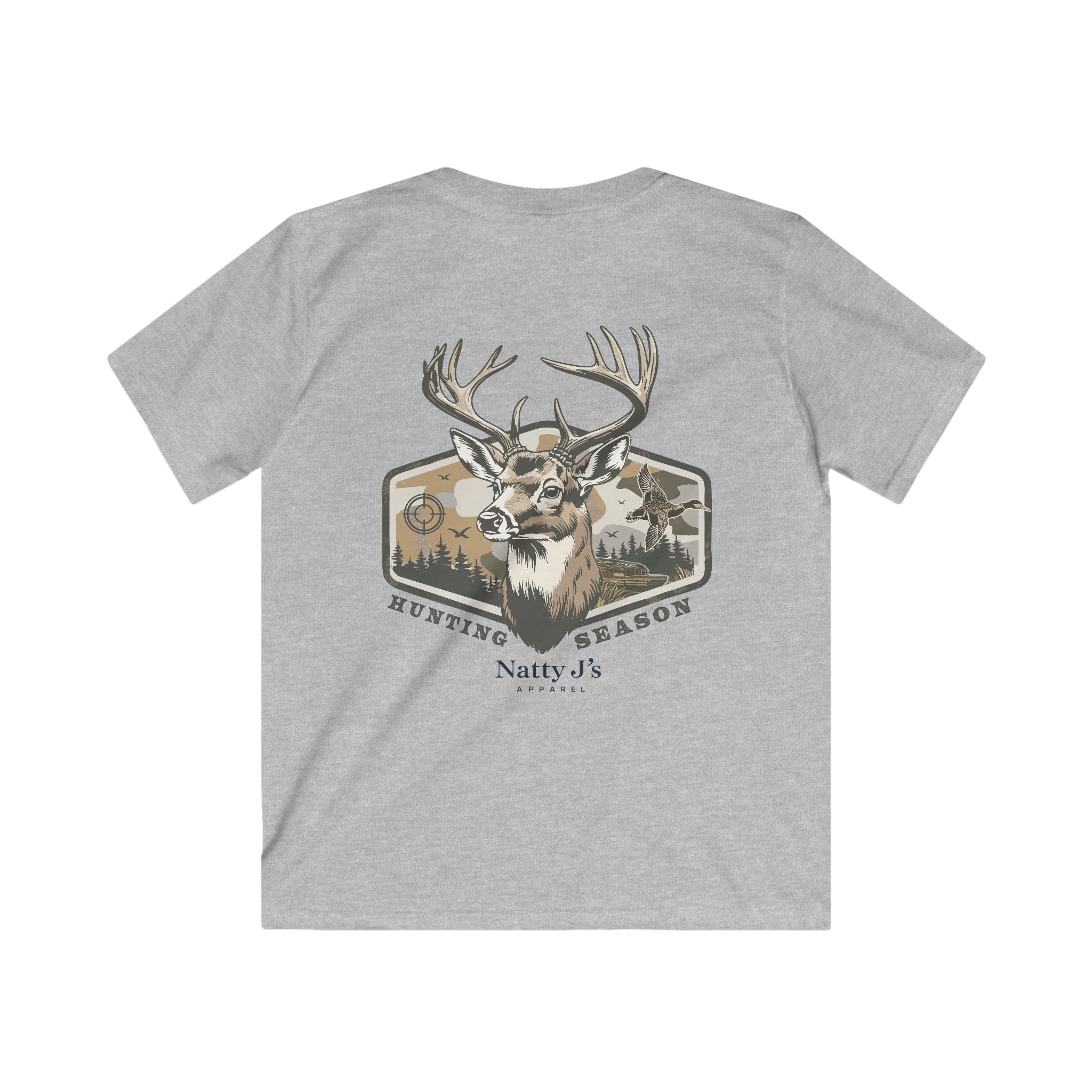 Gray t-shirt with a deer graphic and 'Hunting Season' text on a white background